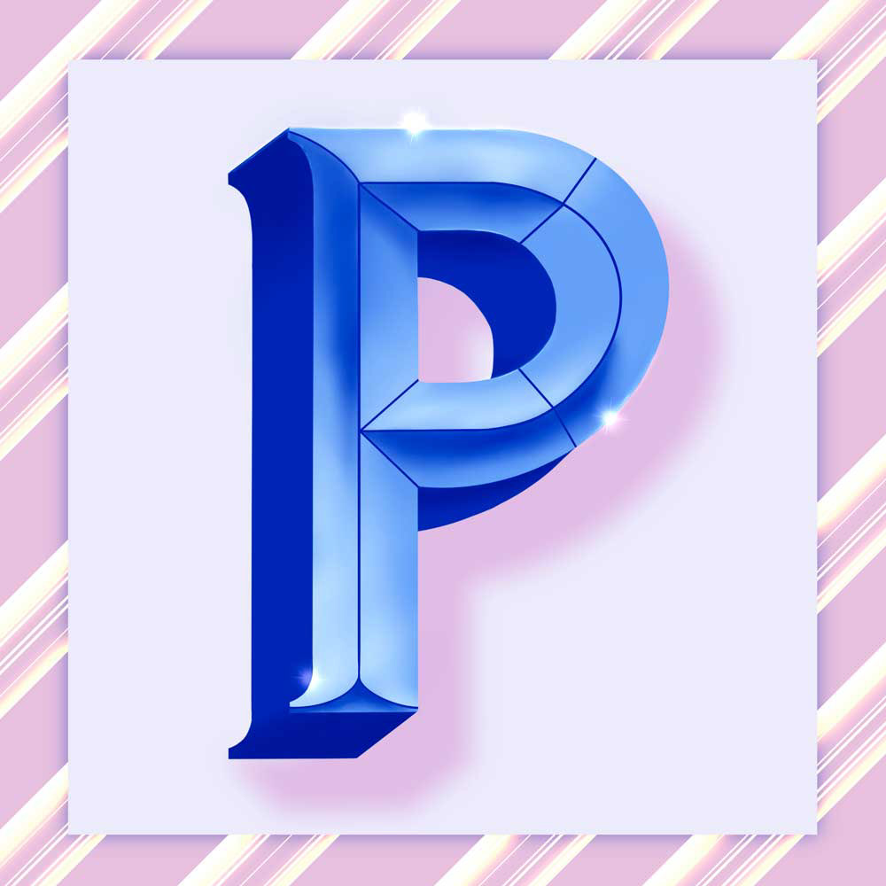 “P” digital lettering illustration with festive flair and dimensional shading.