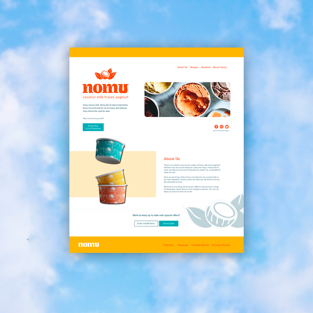 Full landing page layout for Nomu vegan froyo brand