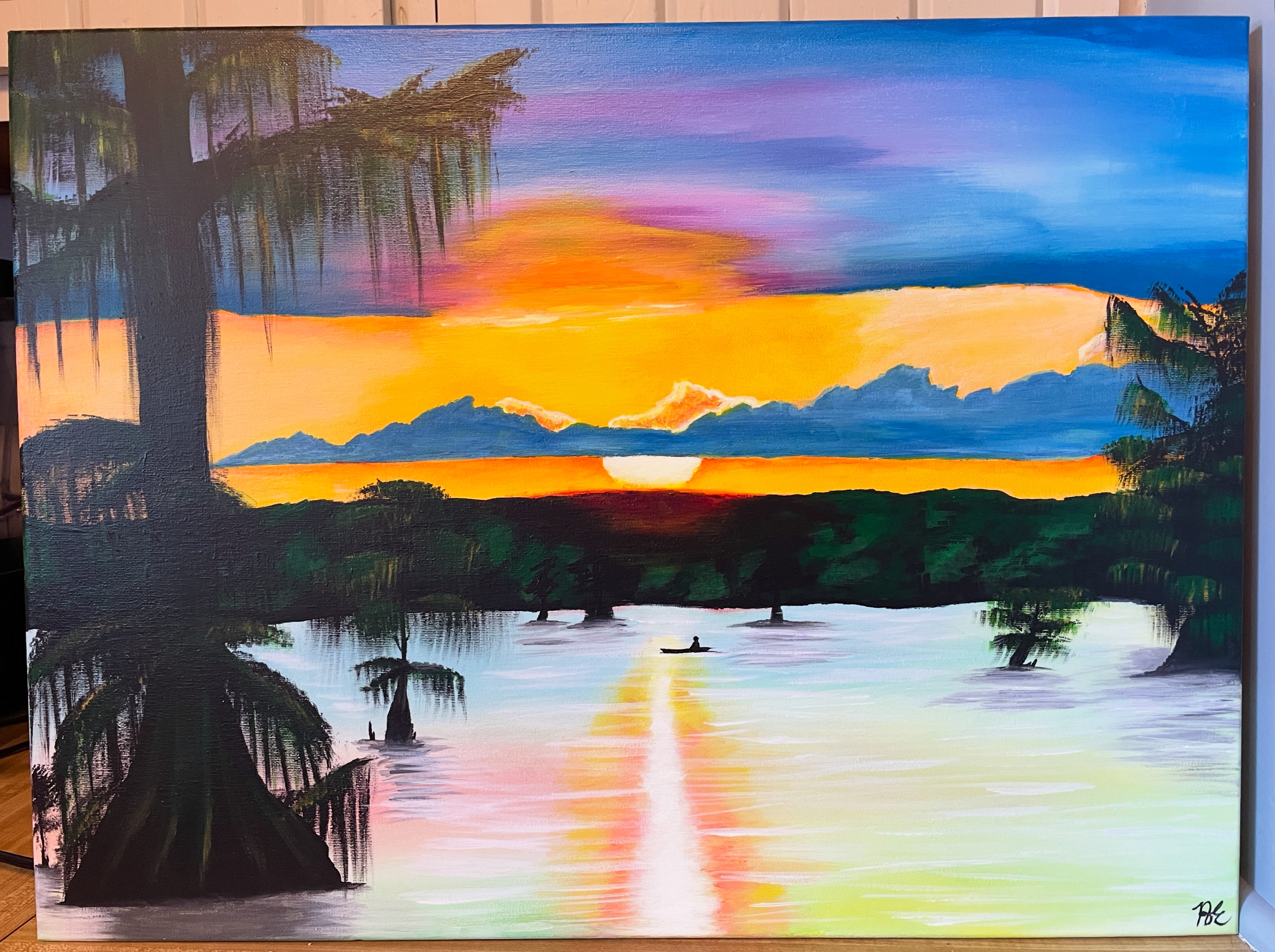 "Swamp Sunset", 18x24", acrylic on canvas, March 2025