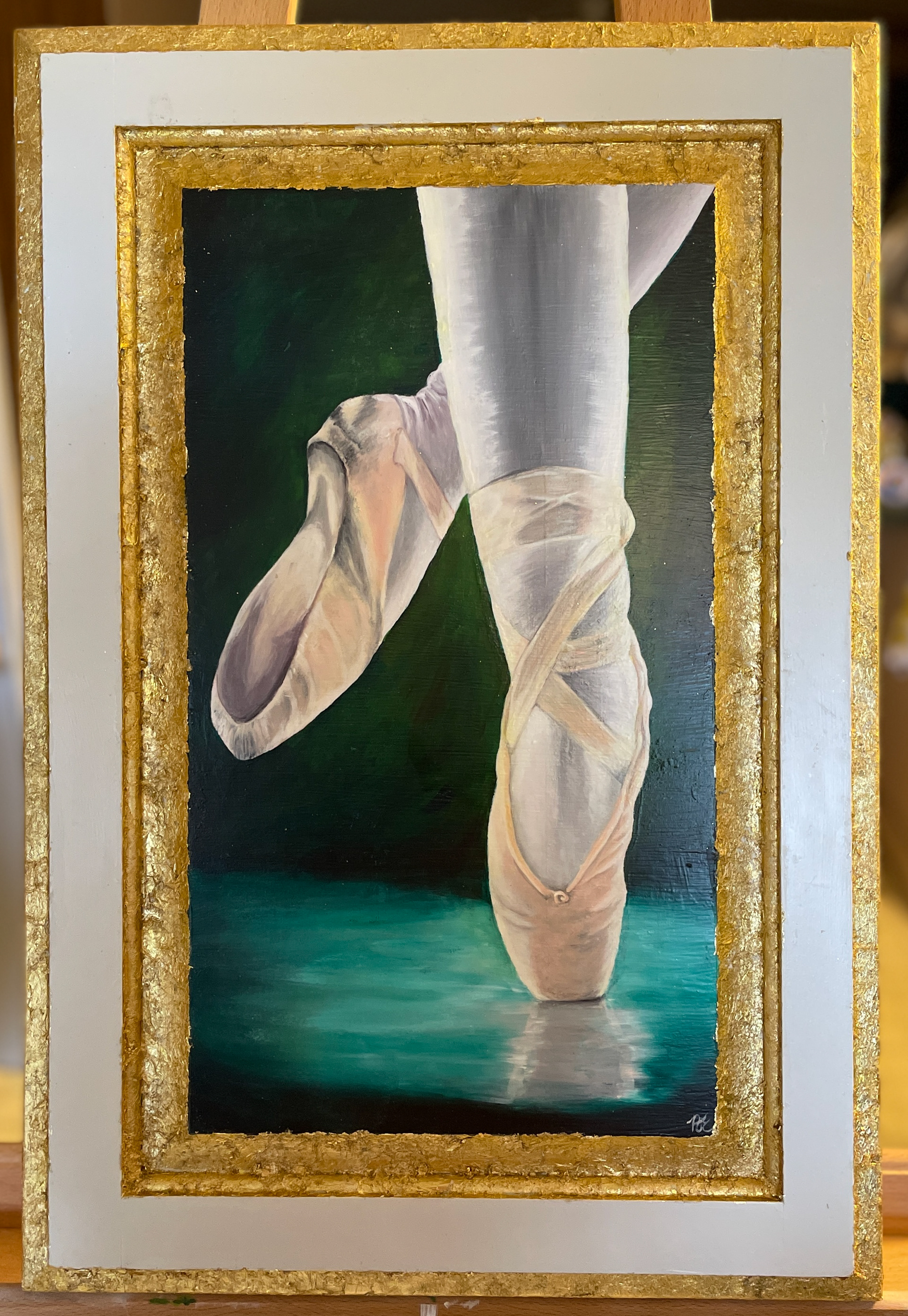 "Pointe Shoes", acrylic and gold leaf on wood, June 2025