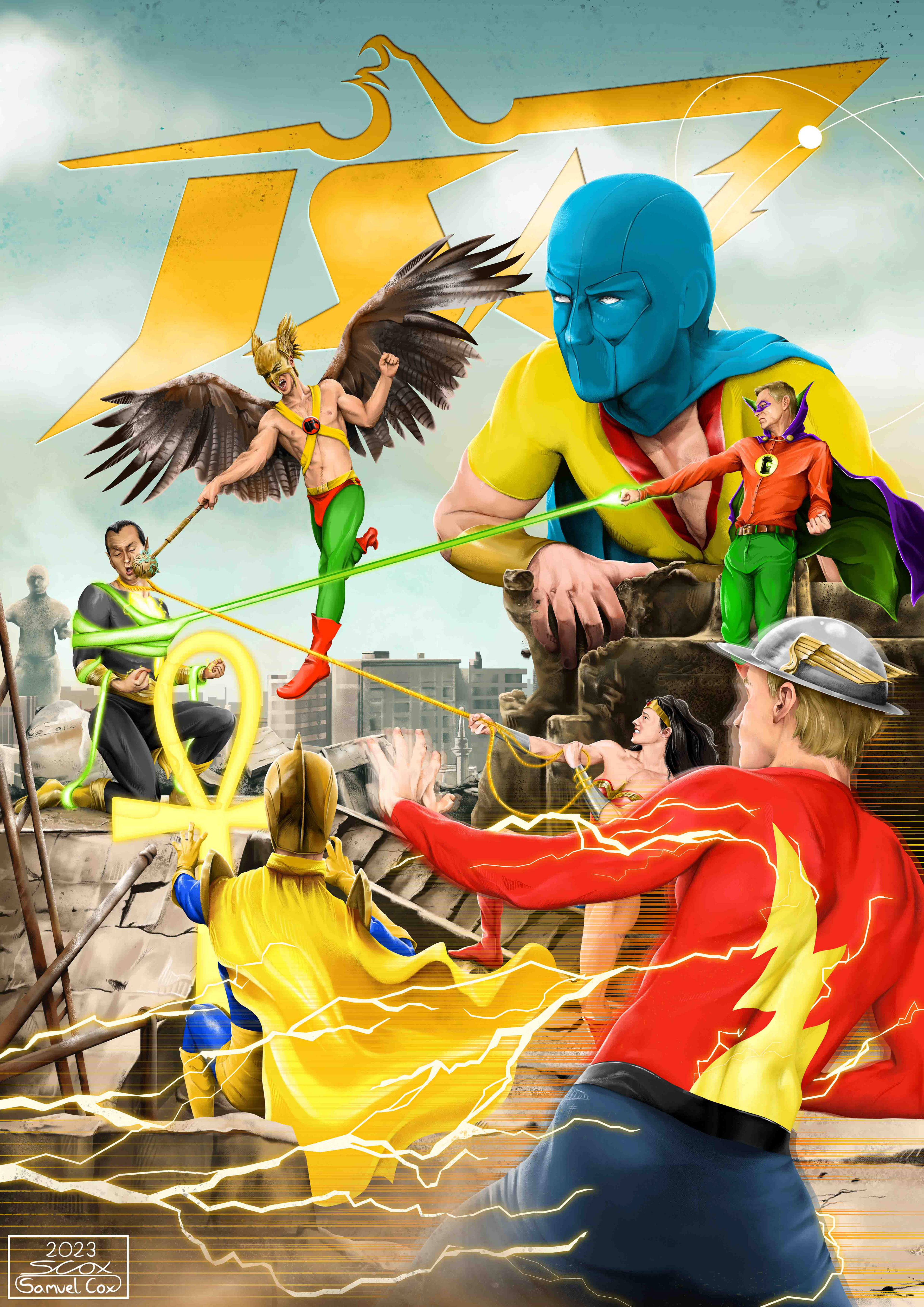 Poster Tribute Featuring Classic DC Comic-book Characters, the Justice Society of America. 2023