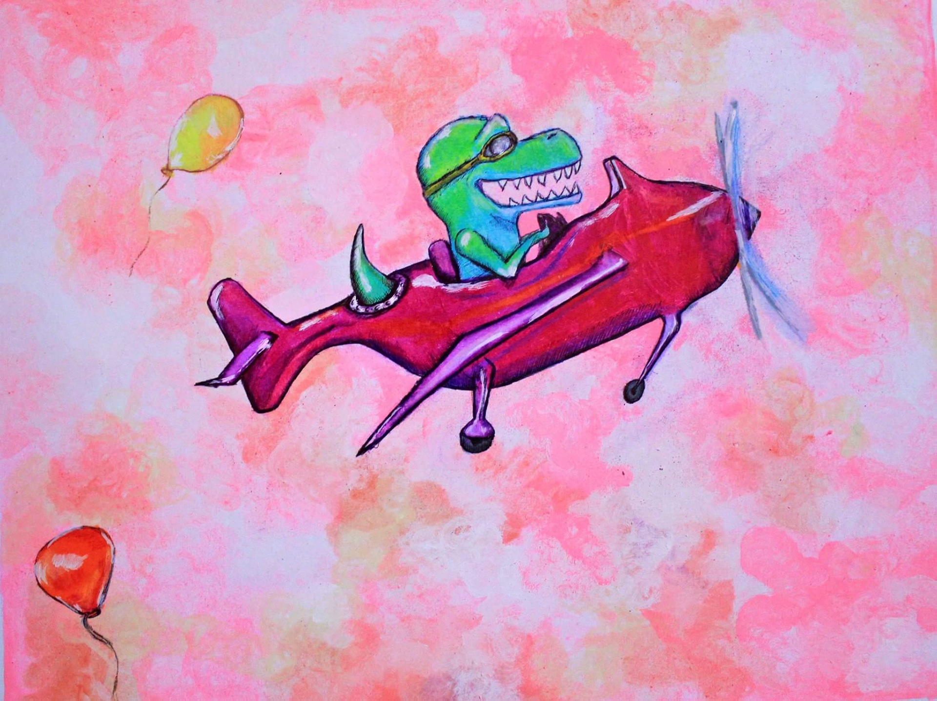 Bright, cotton candy skies, dinosaur flying in a dark pink airplane.