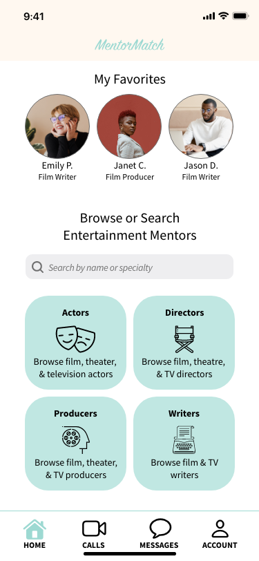 Homepage: view favorited mentors or search or browse for a new mentor