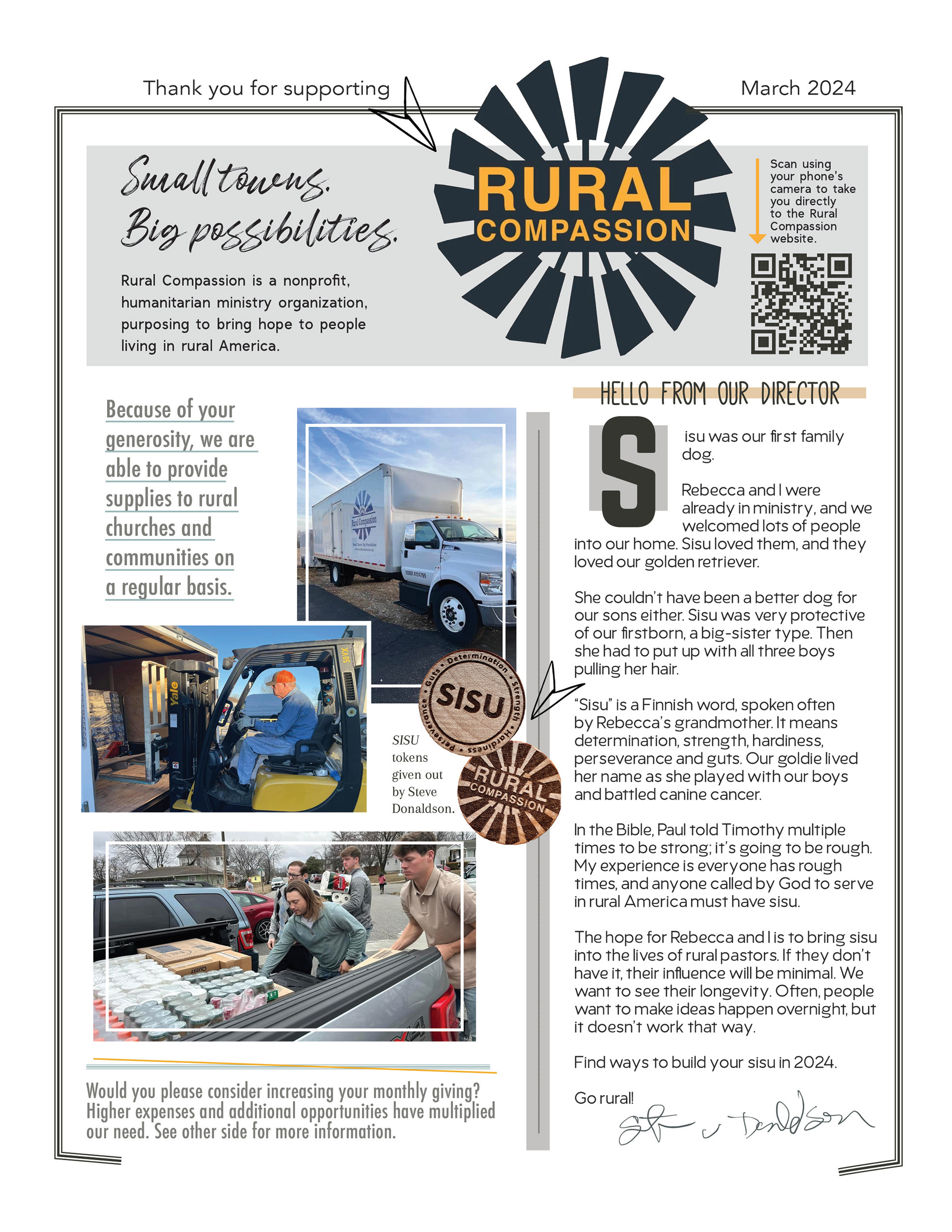 Newsletter for Rural Compassion in Ozark, Missouri. Includes multiple columns, images, QR code, logo, mission, articles, captions