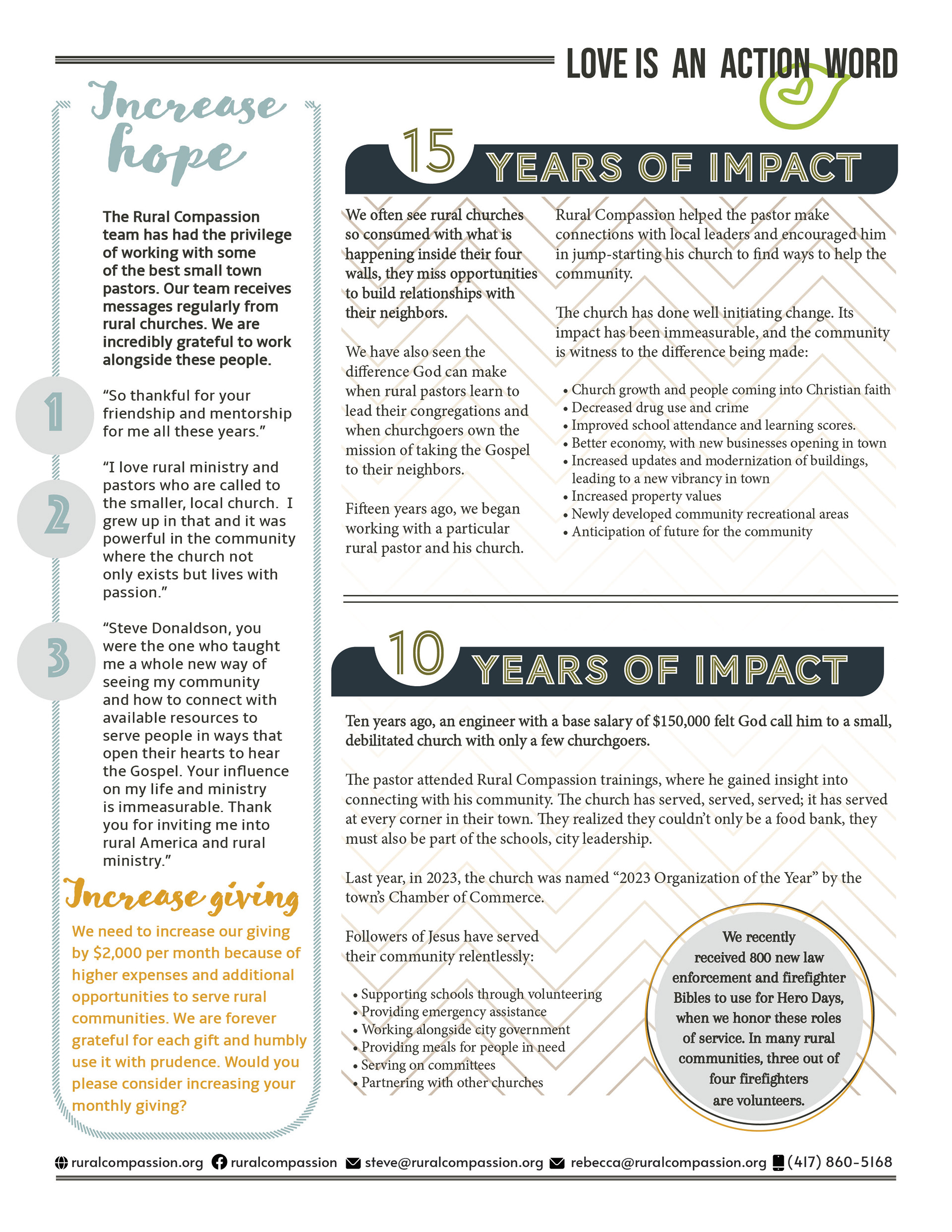 Newsletter for Rural Compassion in Ozark, Missouri. Includes multiple columns, images, QR code, logo, mission, articles, captions, contact information