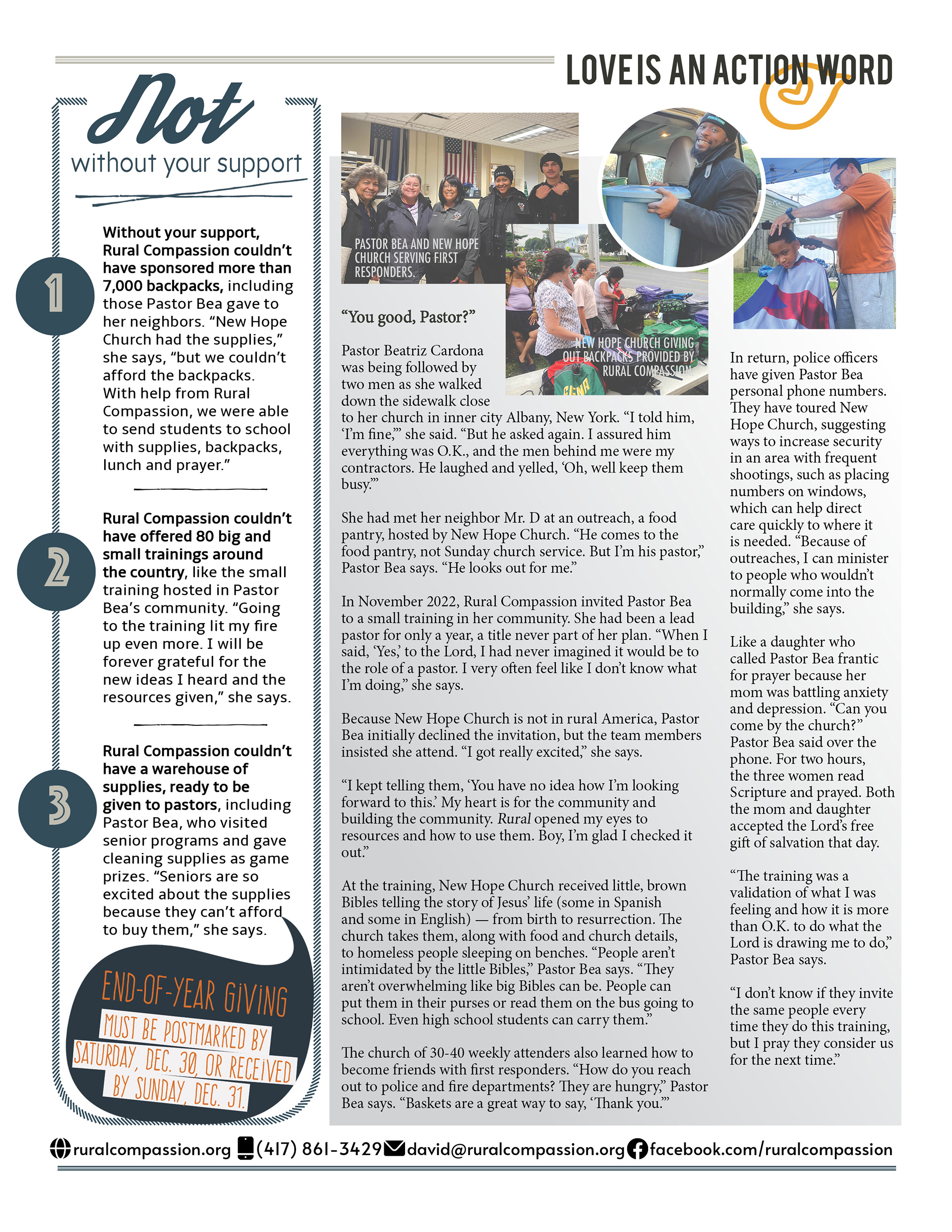 Newsletter for Rural Compassion in Ozark, Missouri. Includes multiple columns, images, QR code, logo, mission, articles, captions