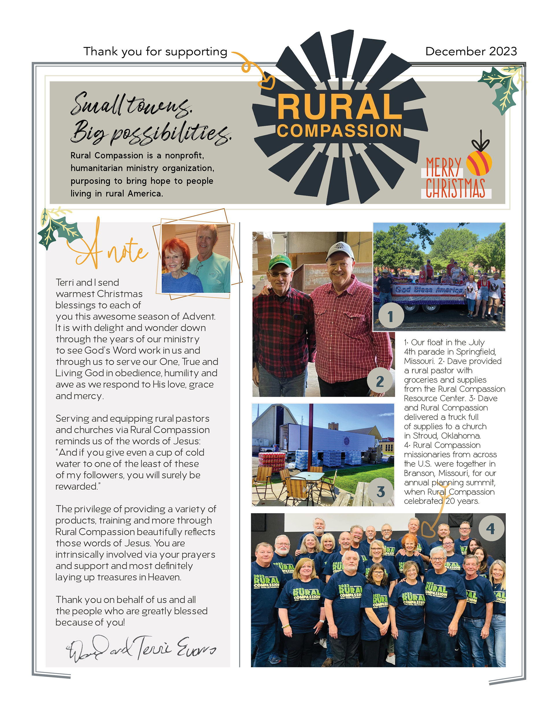 Newsletter for Rural Compassion in Ozark, Missouri. Includes multiple columns, images, QR code, logo, mission, articles, captions