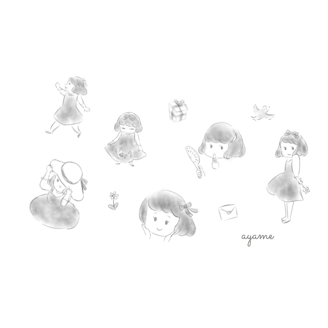 女の子イラスト(モノクロ)
