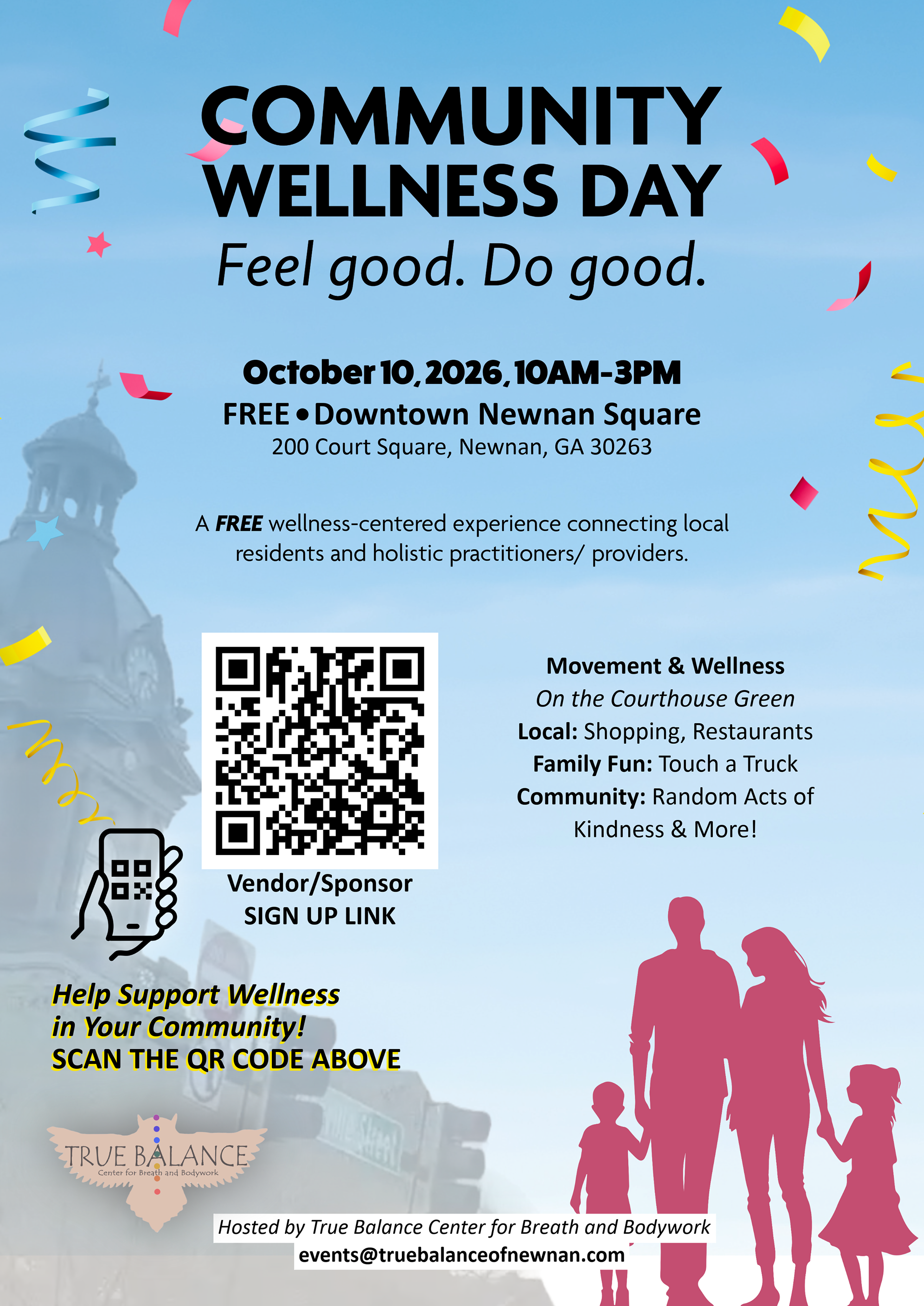 Exciting and colorful flier for upcoming October 10, 2026 Community Wellness Day held on the Courthouse Square in Downtown Newnan, Georgia, and hosted by True Balance Center for Breath and Bodywork.