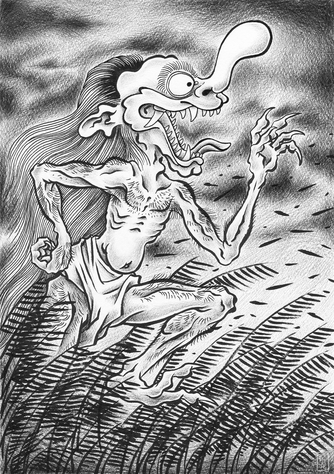 Illustration représentant un yokai. Encre et crayon noir sur papier A4. / Yokai illustration : Black pencil and ink on paper, size A4