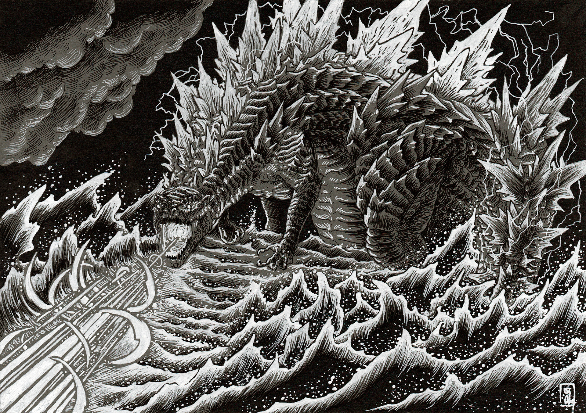 Godzilla laser, ink on grey paper, A5