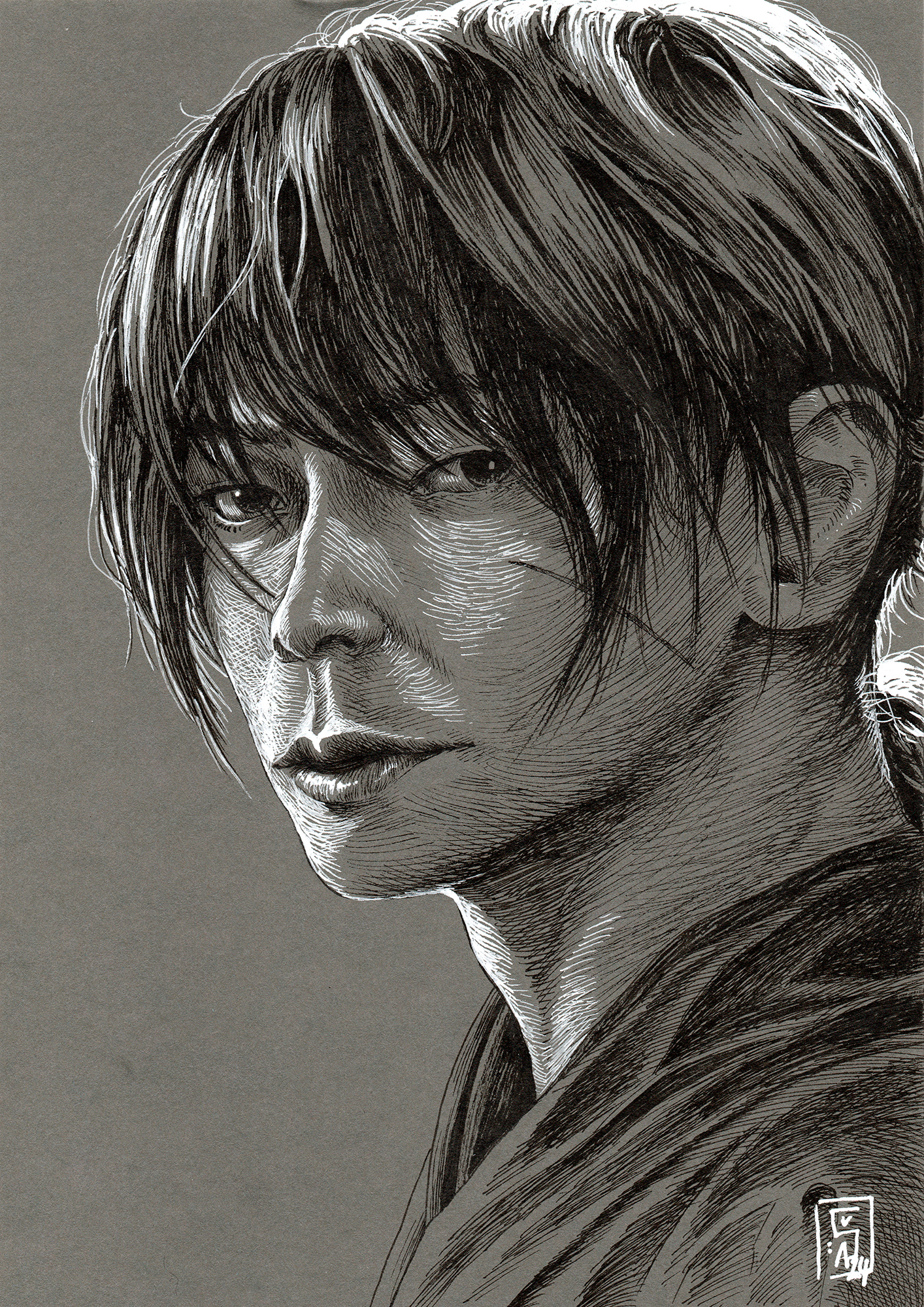 Takeru Sato as Kenshin, ink on grey paper, A5