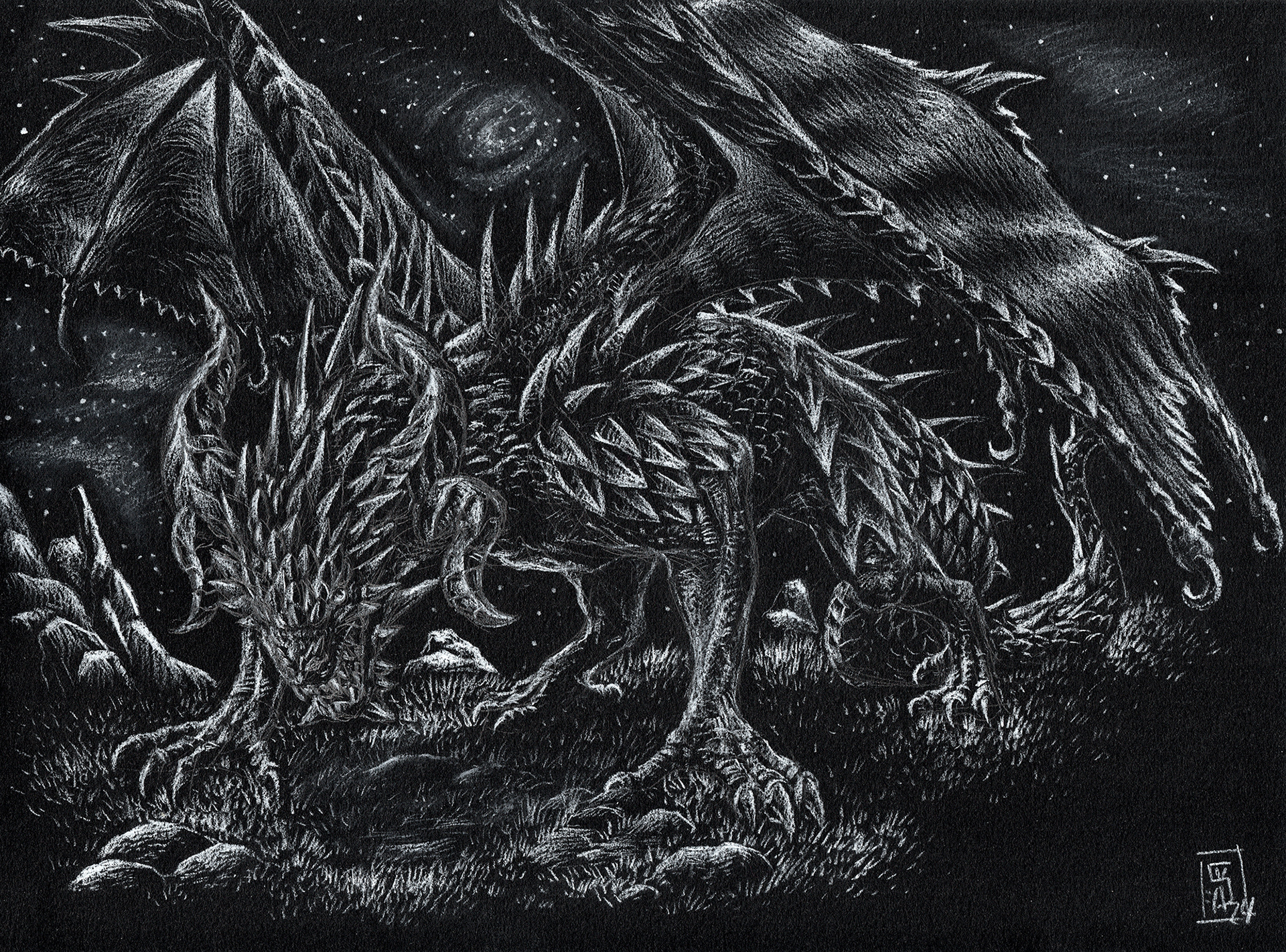 Dragon night : Crayon pastel blanc sur papier noir / White pastel pencil on black paper