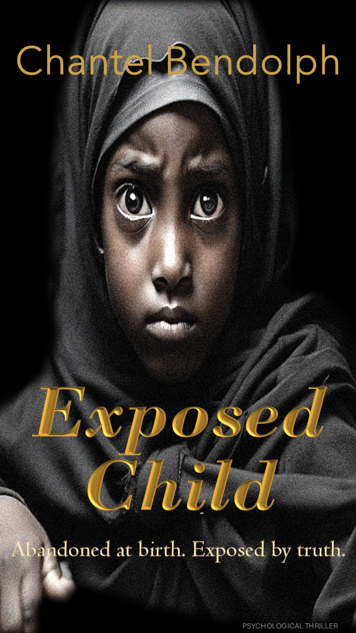 Book cover for Exposed Child by Chantel Bendolph featuring a close-up of a young girl’s face in shadow, with intense eyes against a dark background and gold title text.