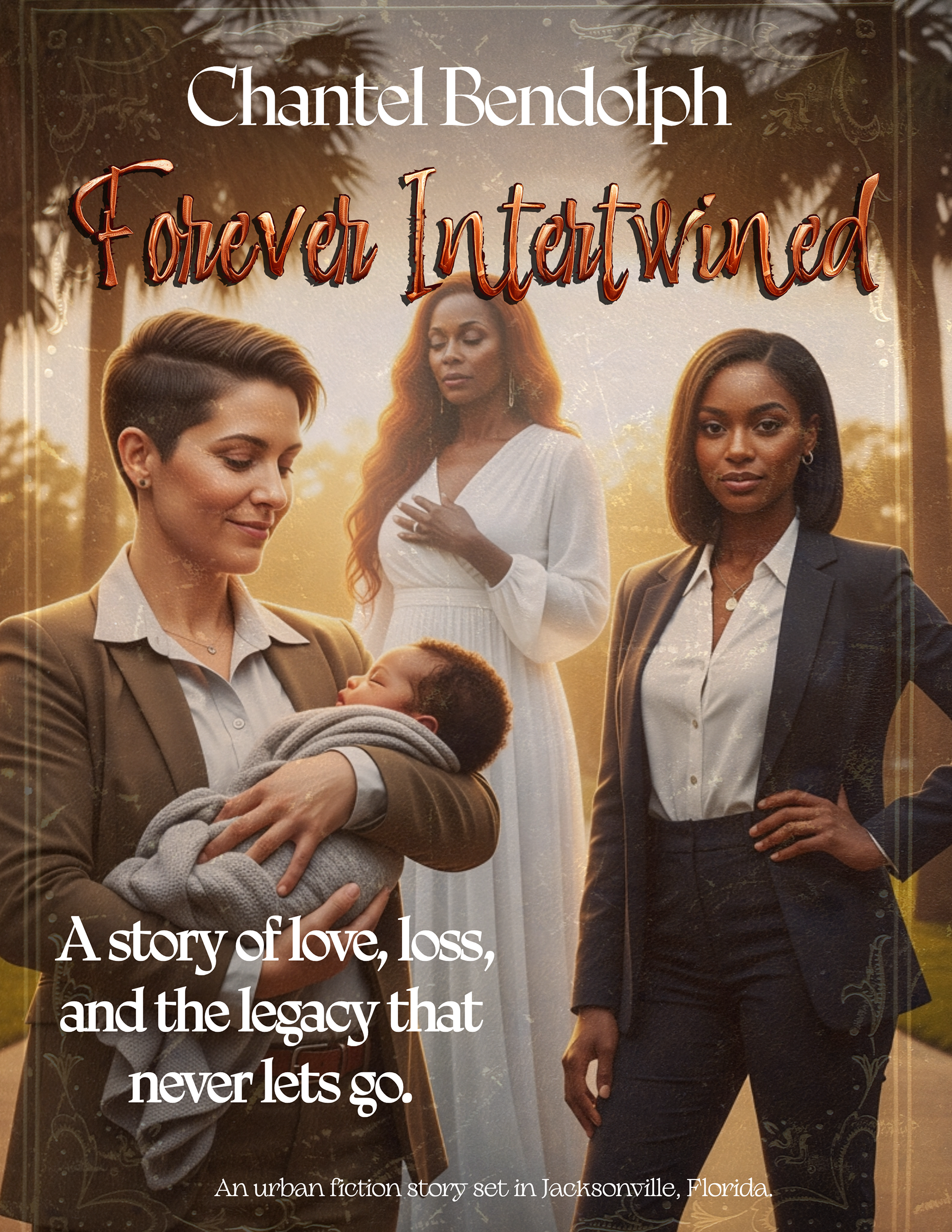 Book cover titled Forever Intertwined by Chantel Bendolph. Three women are shown in a warm, golden outdoor setting. One holds a sleeping baby, another stands in a white dress with a calm expression, and the third wears a dark suit with a confident stance. The mood is emotional and reflective. Text reads, “A story of love, loss, and the legacy that never lets go,” set in Jacksonville, Florida.