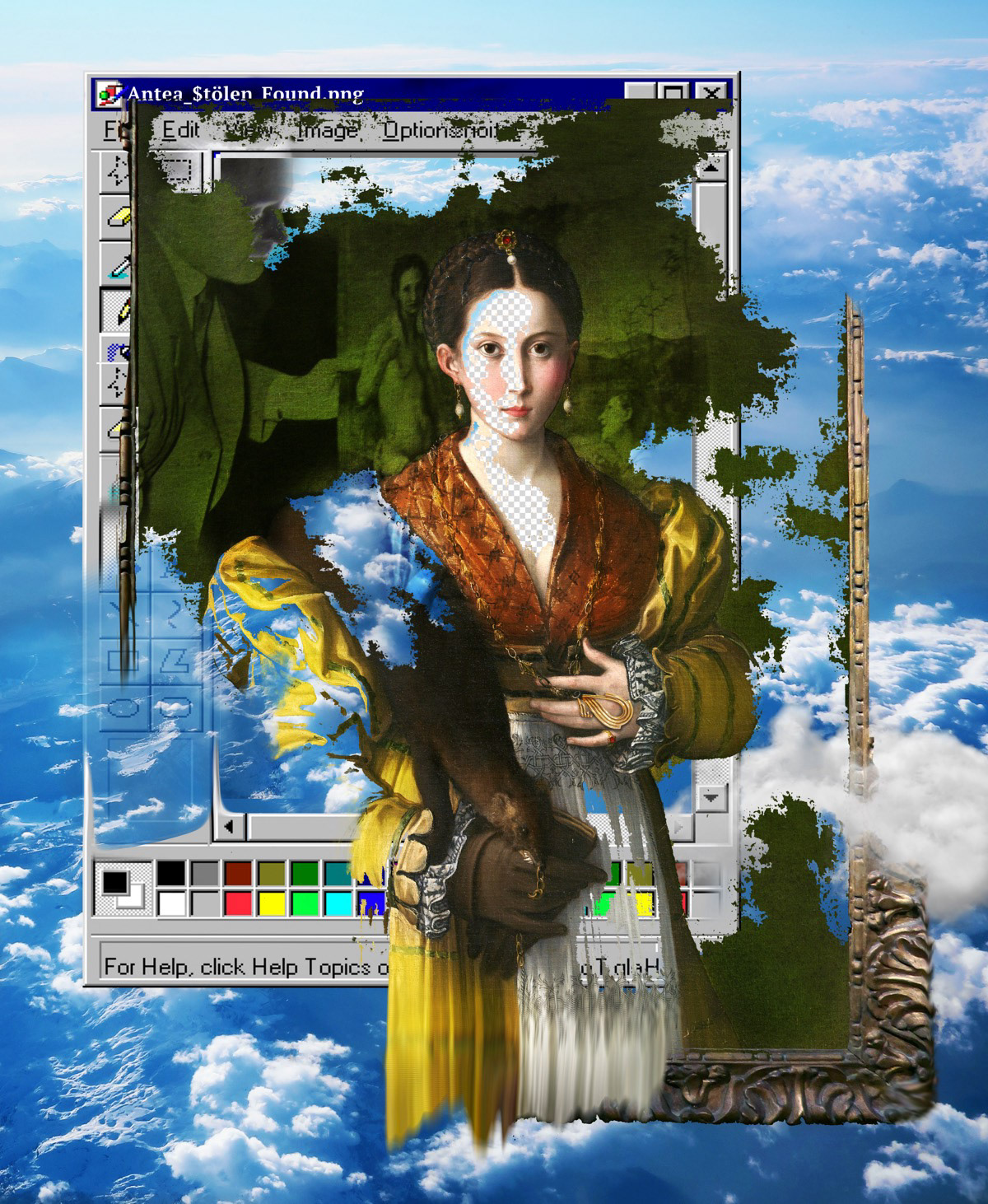 "Photographic collage reinterpreting Parmigianino’s Antea through a digital glitch aesthetic, with cloud imagery and pixel erasures.