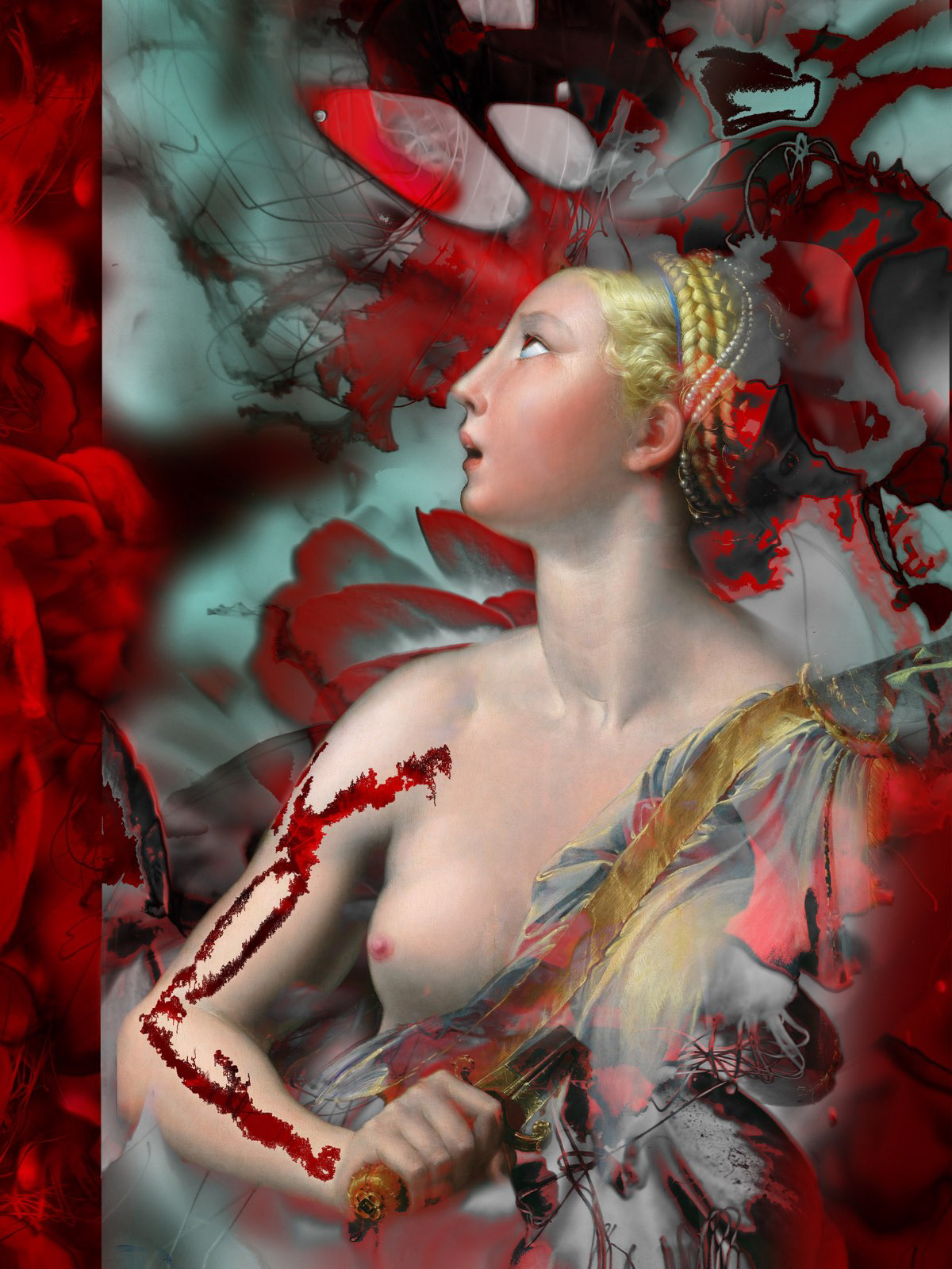 Photographic collage reimagining Lucrezia by Parmigianino, portraying feminine resistance through digital voids and visual fragmentation.