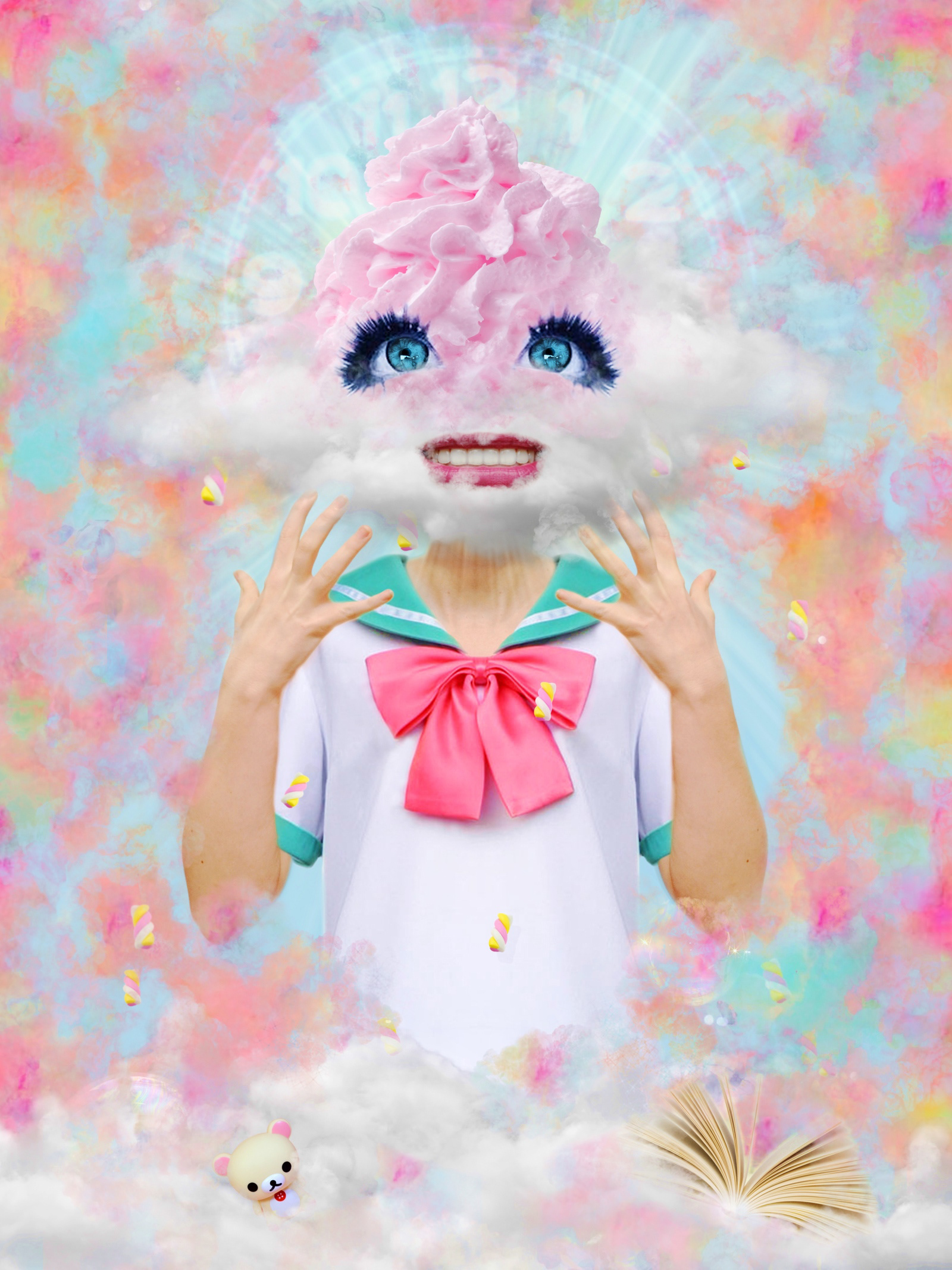 A whimsical humanoid figure dressed in a cartoon-style schoolgirl outfit, topped with a swirl of pink whipped cream and sticker-like eyes for a face. Set in a pastel dreamscape, she floats between sweetness and psychological unease.