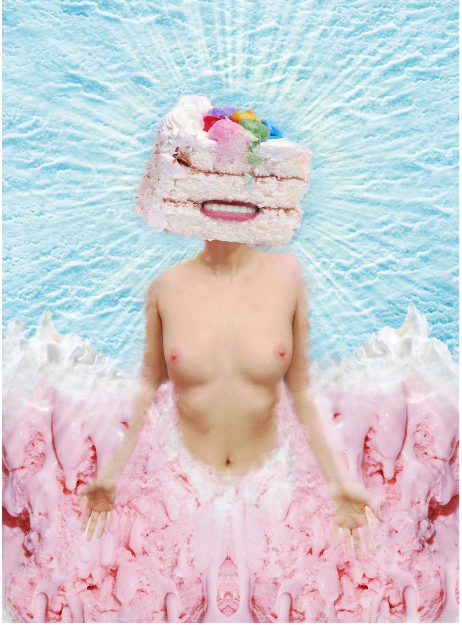 A surreal nude female figure with a towering slice of smiling cake in place of her head. Surrounded by pastel pink frosting and set against a radiant blue backdrop, she stands in a pose of total surrender, her body both sacred and devoured.