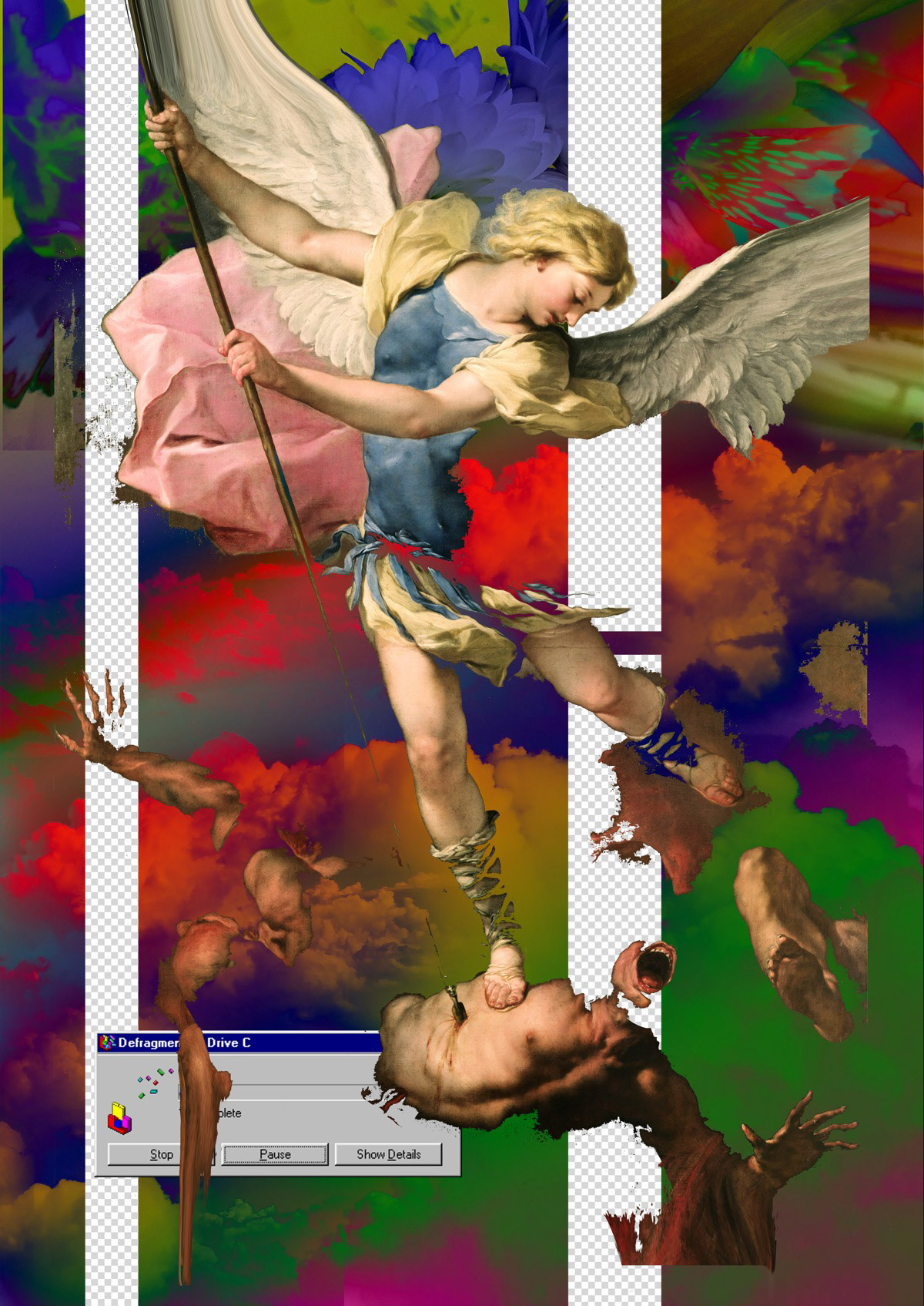 Digital collage of Luca Giordano’s Archangel Michael, overlayed with glitch effects and a fragmented background evoking cyber warfare.