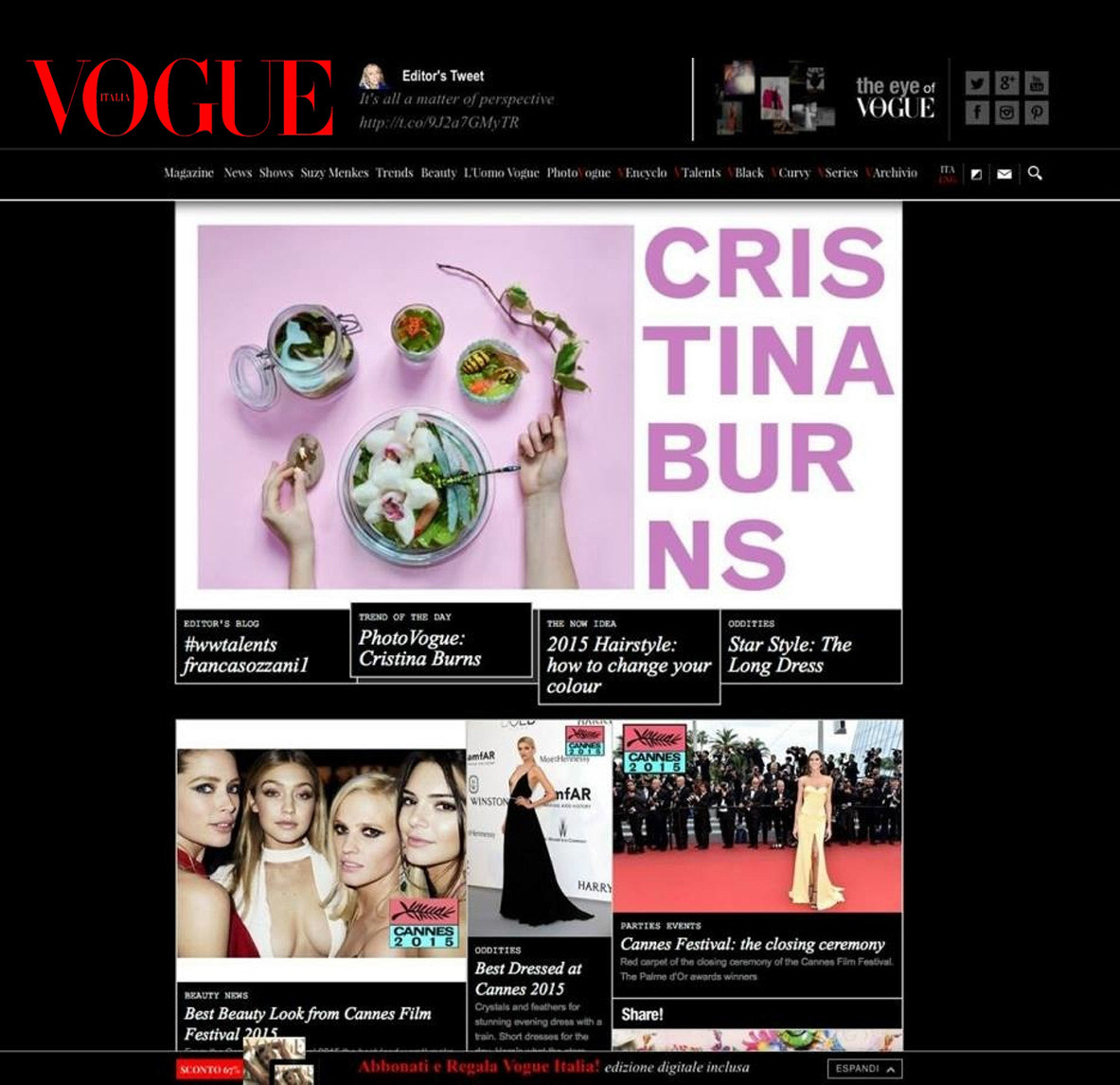 Vogue Italia homepage with ‘PhotoVogue: Cristina Burns’ headline and pink still-life.