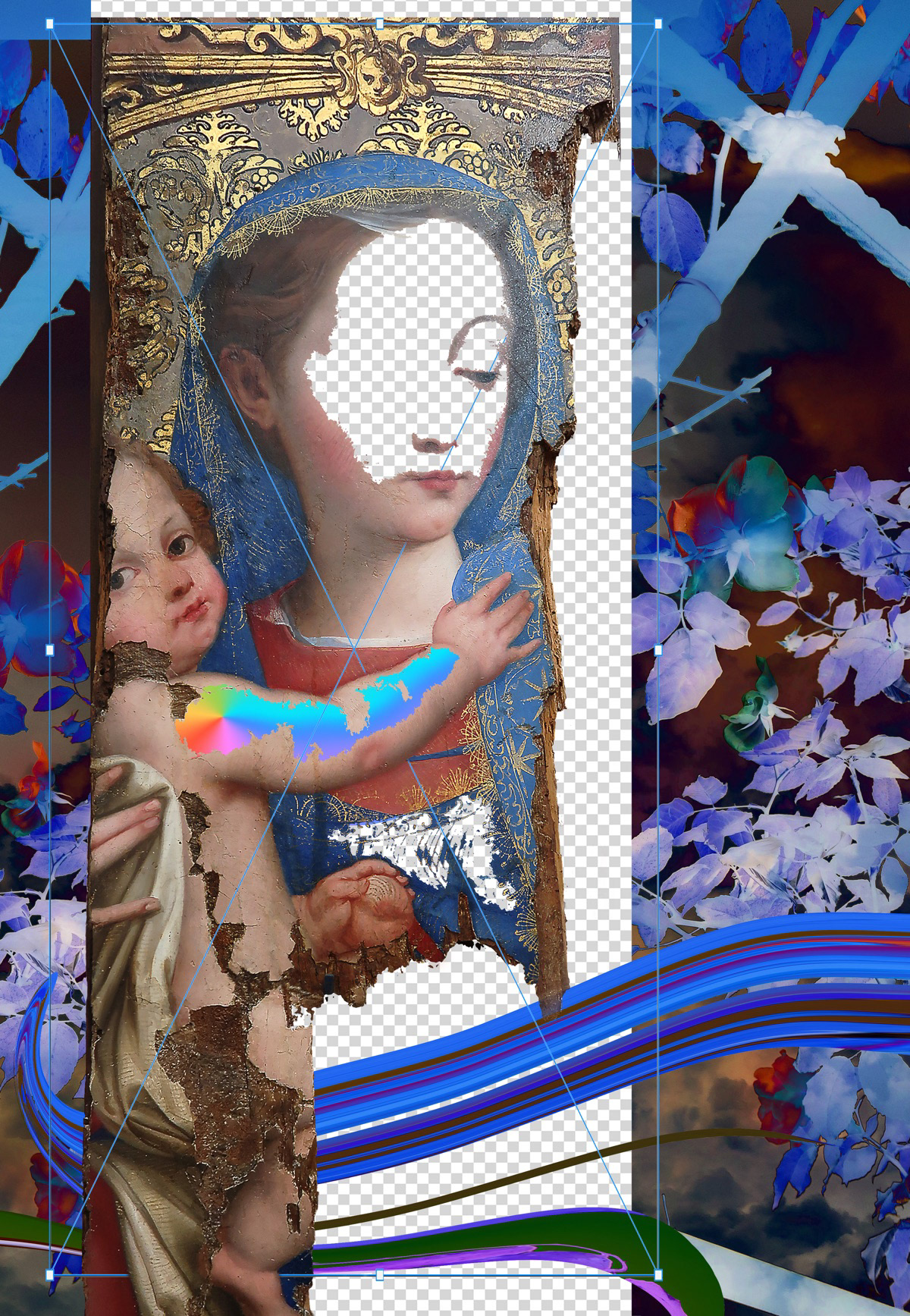 Contemporary remix of Dirk Hendricksz’s Madonna della Purità, with facial erasure and neon overlays questioning identity and sanctity.
