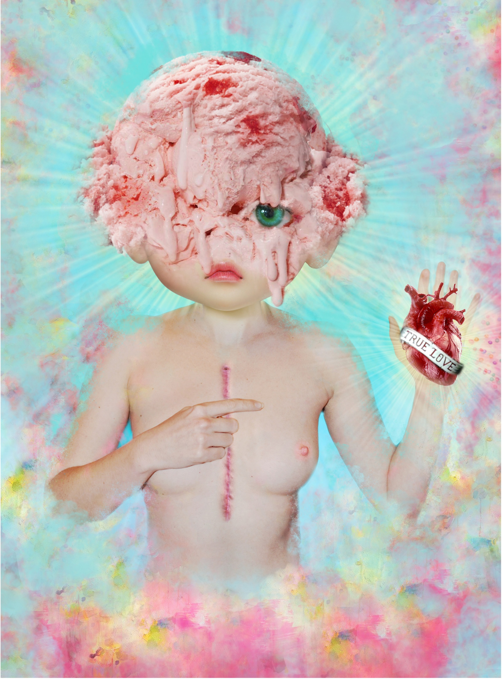 A vulnerable, nude childlike figure with a melting scoop of pink ice cream for a head, holding a bleeding anatomical heart labeled “TRUE LOVE.” A stitched scar runs down her chest, symbolizing emotional sacrifice, naive devotion, and heartbreak beneath sugary illusion.