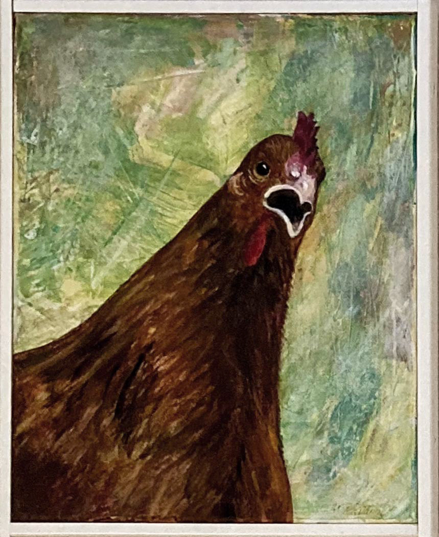 Kacklande höna akryl 26 x 32 cm