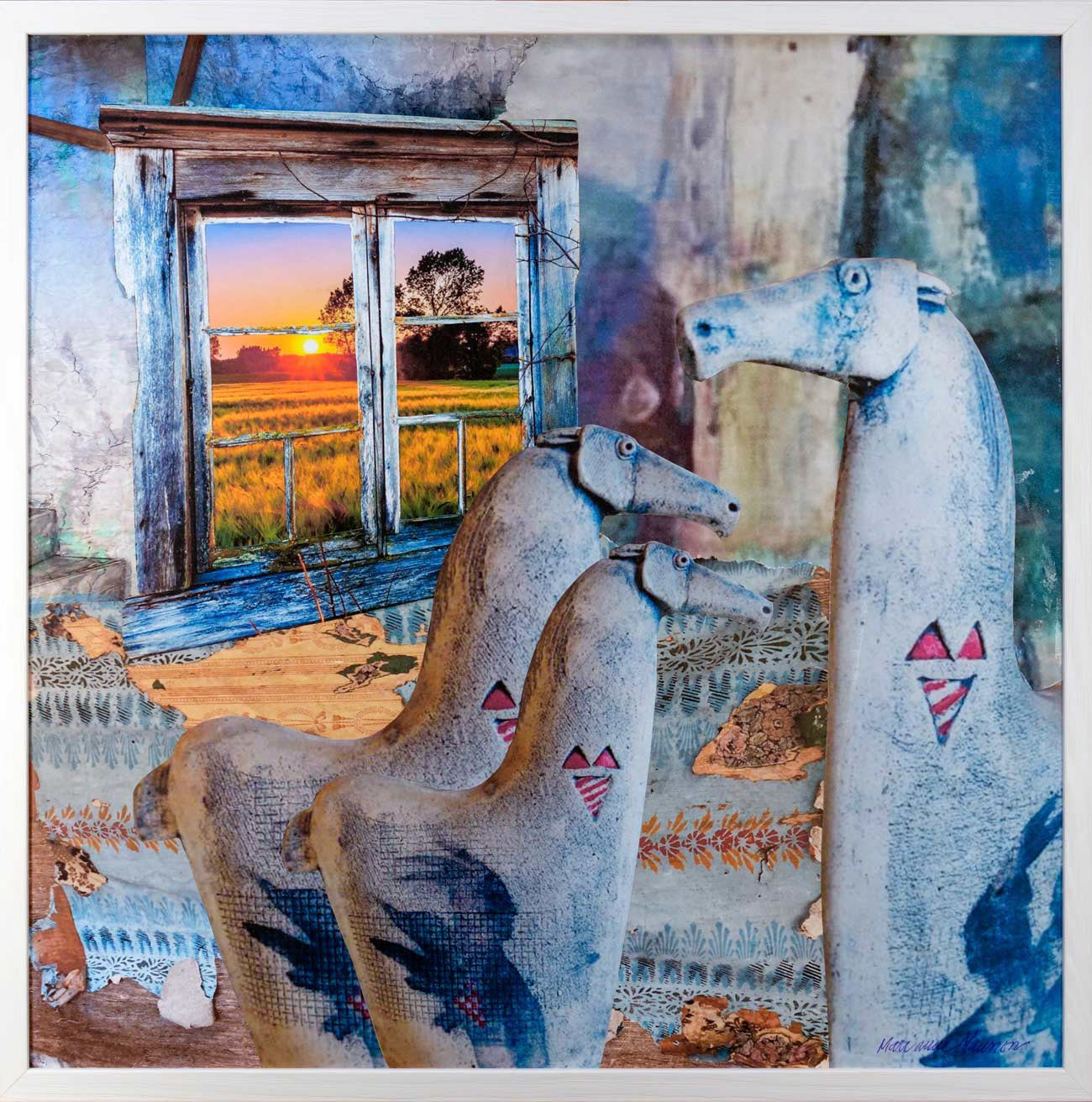 Hästar i kvällsljus collage 52 x 52 cm