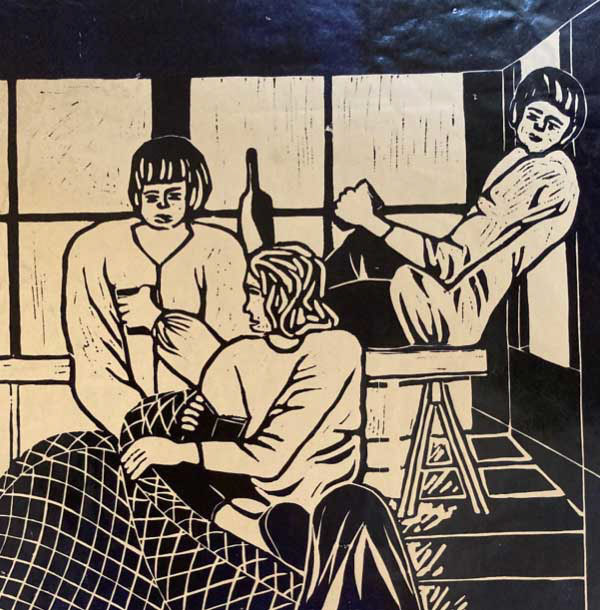 Kompisträff linoleumtryck på rispapper