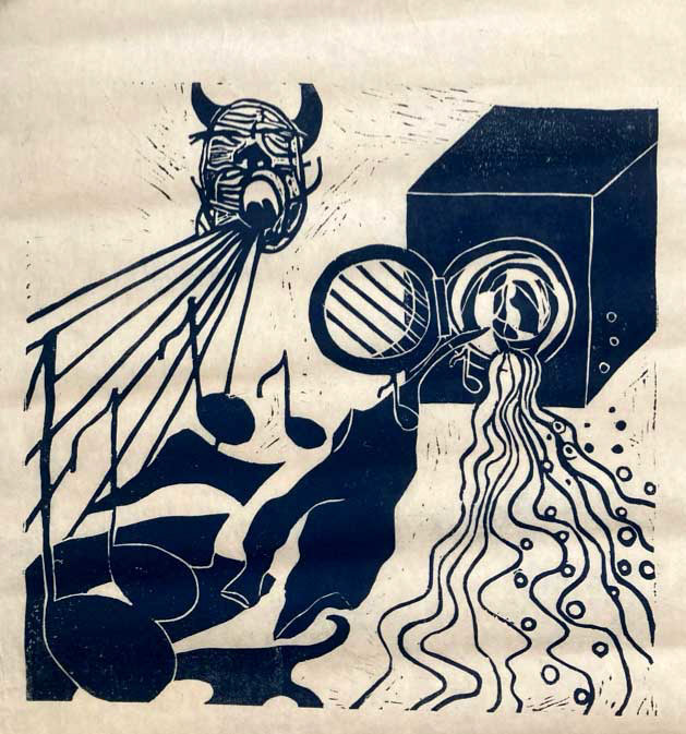 Tvättkaos linoleumtryck på rispapper