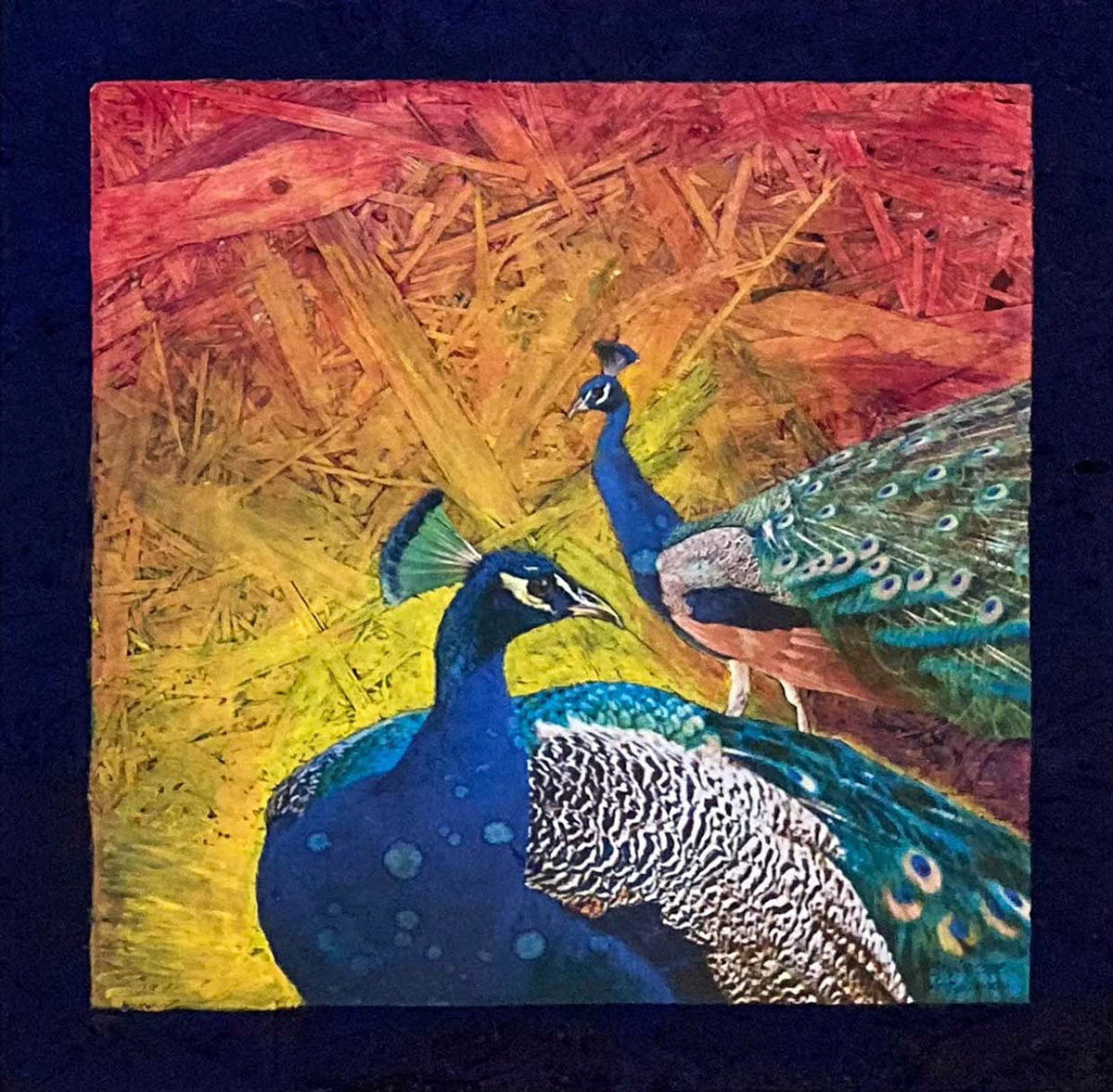 Påfågel 2 akryl/collage 30 x 30 cm