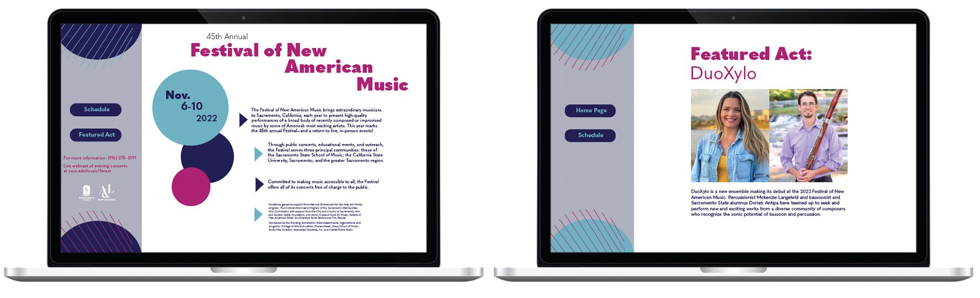 A digital mockup of two laptop displays showing the Festival of New American Music website, including event details on one screen and a featured artist profile on the other