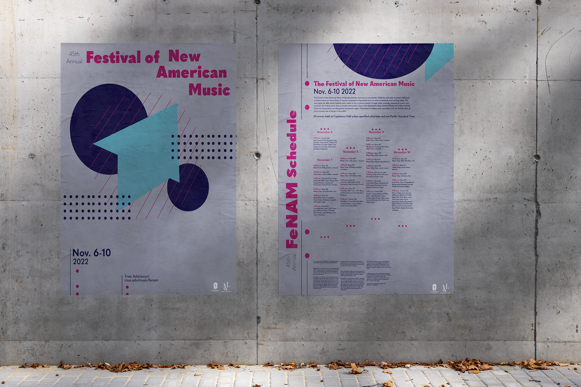 Two side-by-side posters promoting the 45th Annual Festival of New American Music, featuring abstract geometric shapes in teal, navy, and magenta and event details for Nov. 6–10, 2022