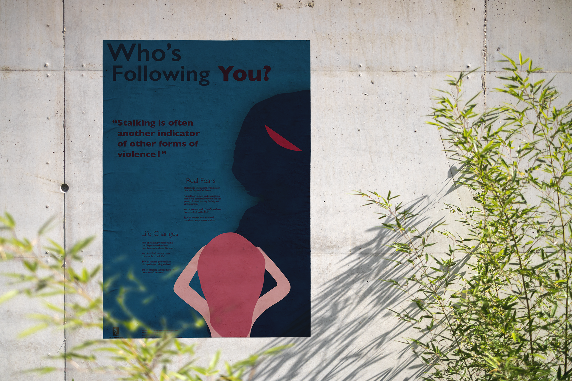 One sided PSA poster informing on the topic of stalking, featuring a dark color palette of re and blue with a vector illustration 