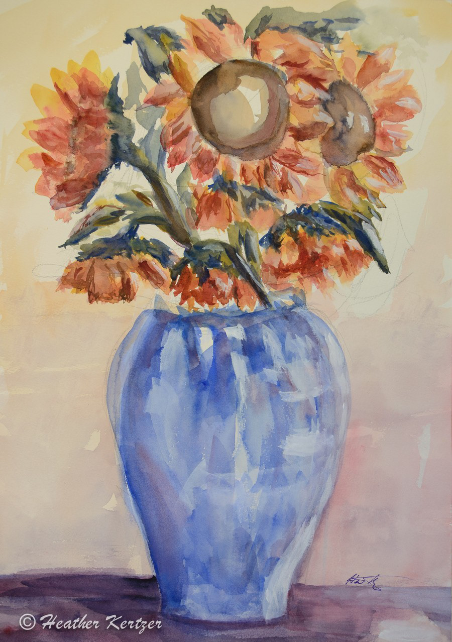Sunflower Bouquet - 13.5" x 19" Framed Watercolour - $500