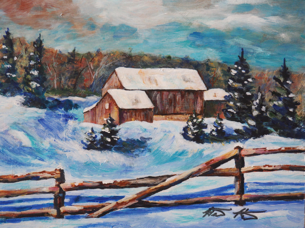 Winter Barn - 11" 1 14" Acrylic on Board - Sold