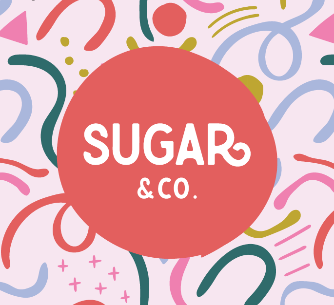 Stacked logo lockup on branded pattern