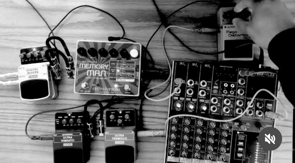 Setup featuring an assortment of guitar pedals