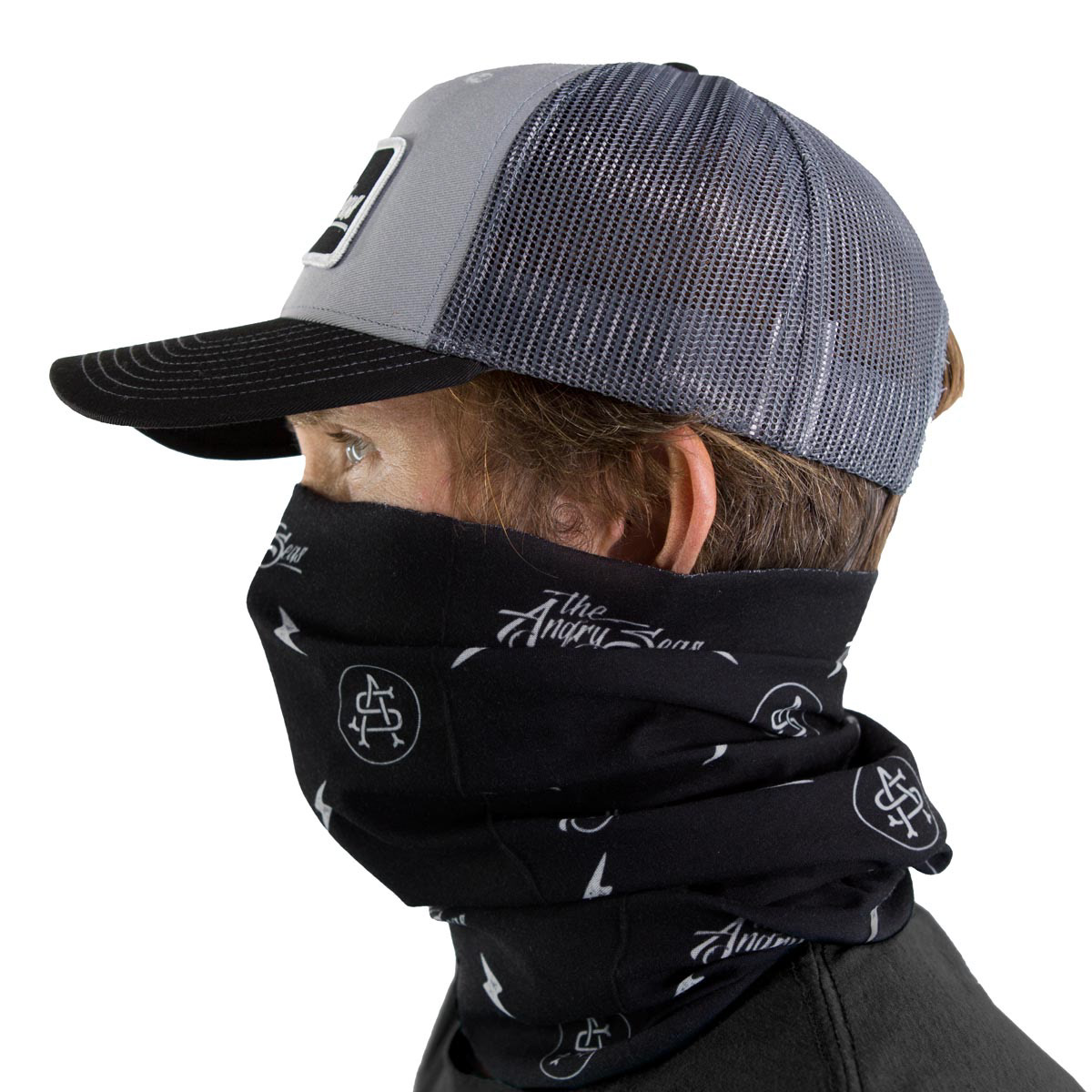 Neck gaiter in use. Repeating pattern design