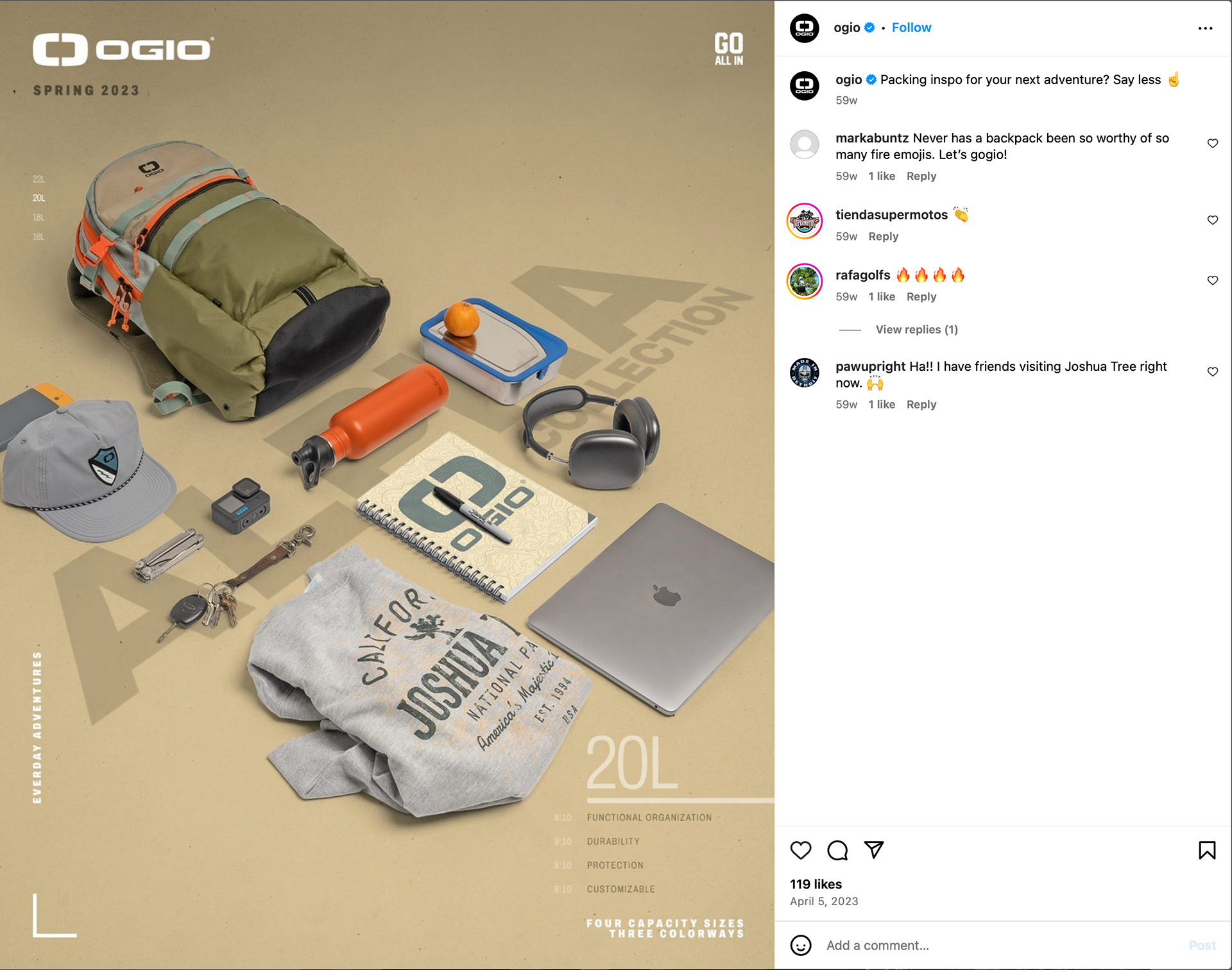 Campaign look appears on OGIO Instagram profile
