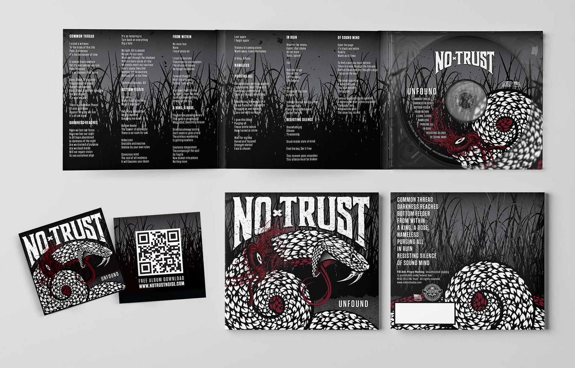 No Trust - "Unfound" album digi-pack artwork, promo card with QR code for album download