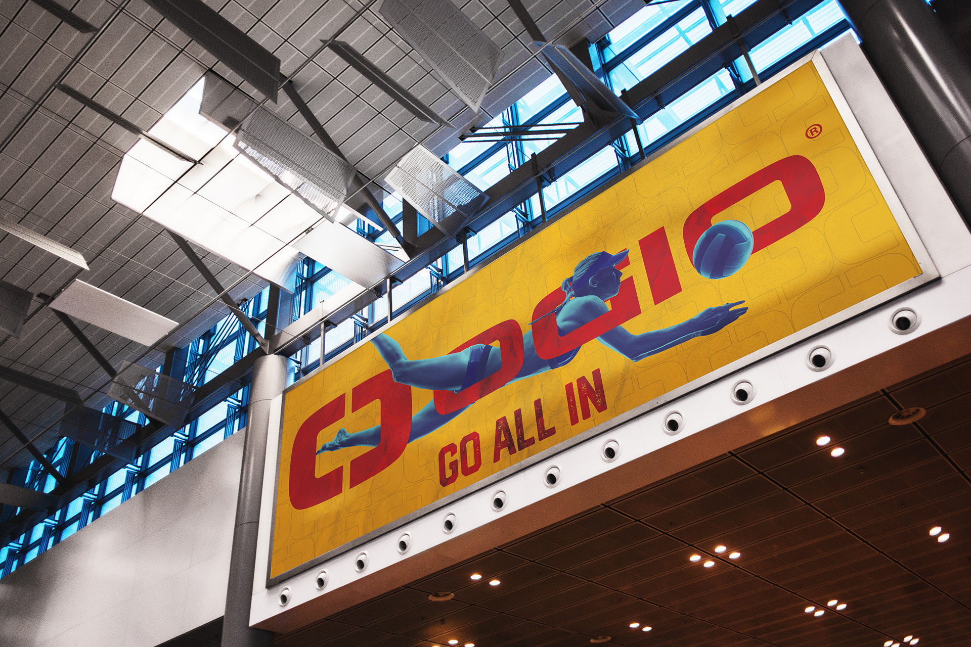 Athlete is interacting with the logotype like they would interact with the bags