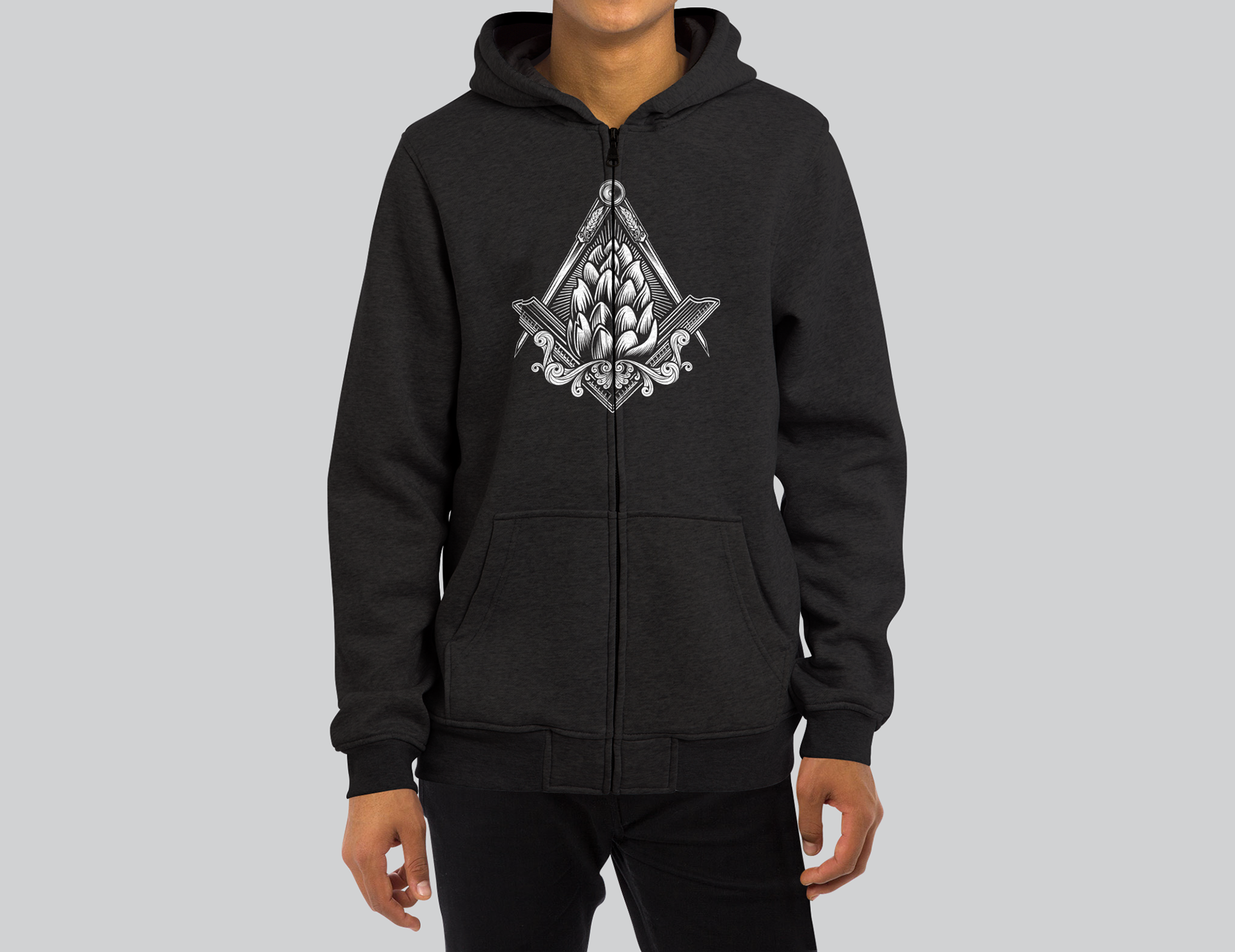 Front-zip hoodie with "Master" icon graphic
