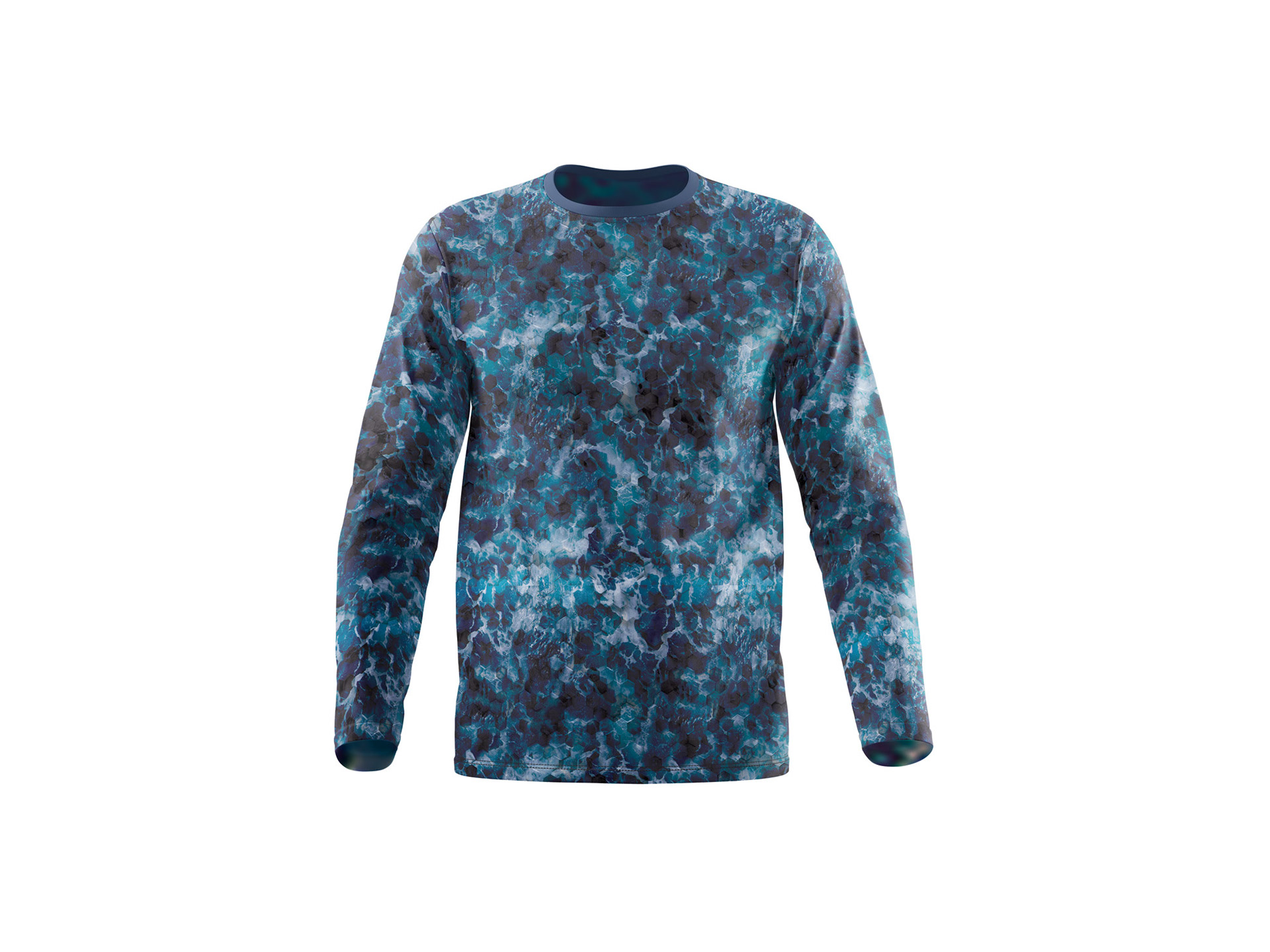 Hex Camo repeating pattern, die-sublimation print on long sleeve t-shirt