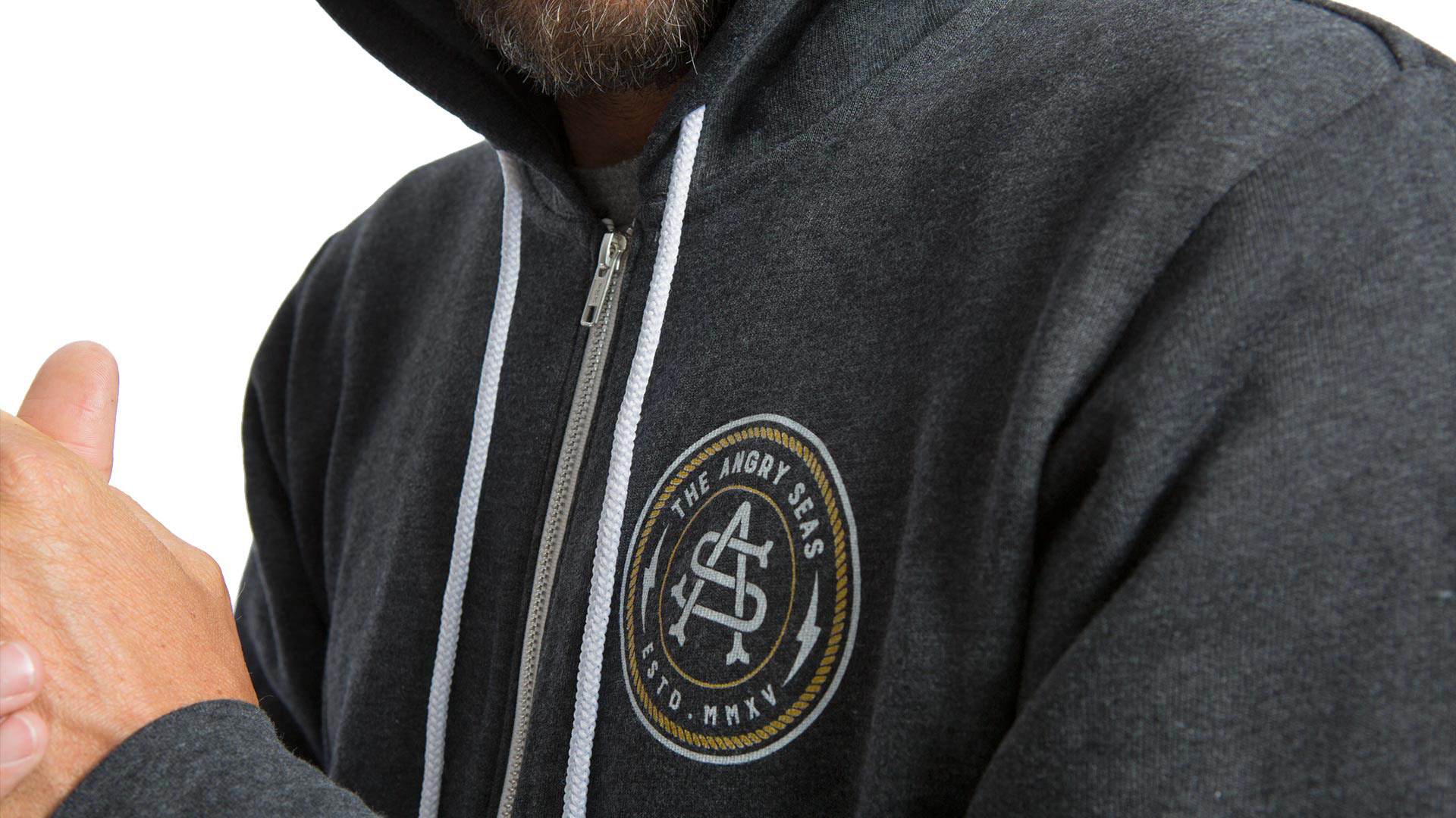 Monogram badge design silkscreened on front zip hoodie