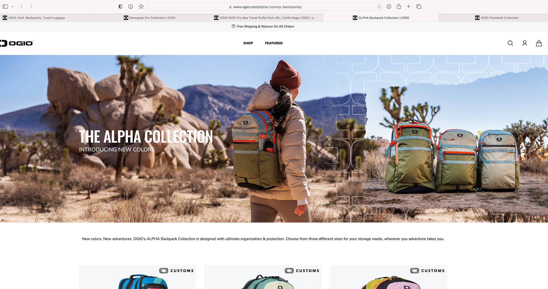 OGIO.com homepage featuring graphic style standards for the ALPHA collection and repeating pattern