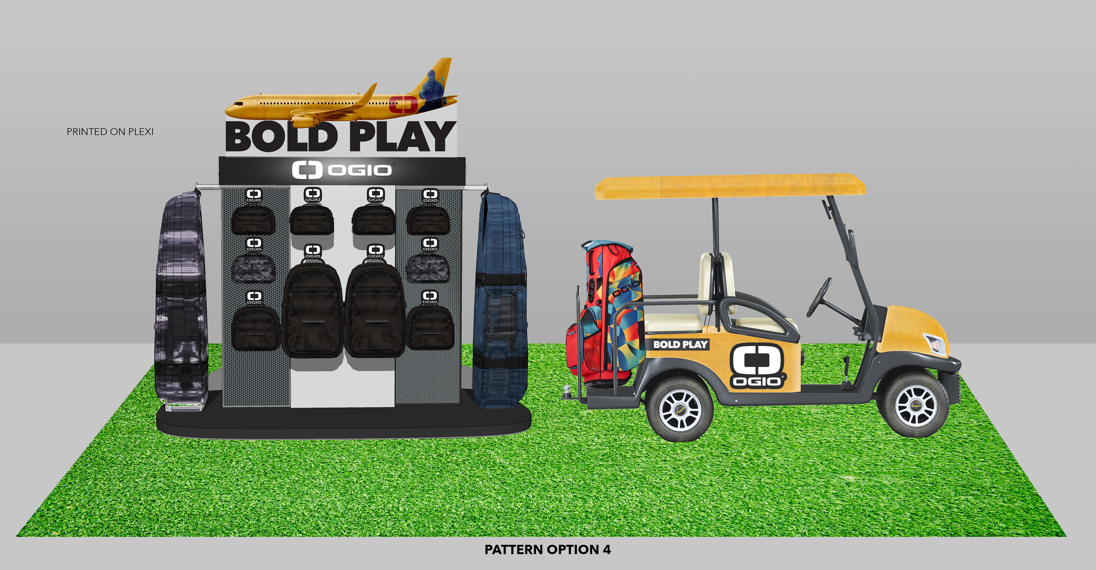 Example of in-store product display mockup with golf cart wrap
