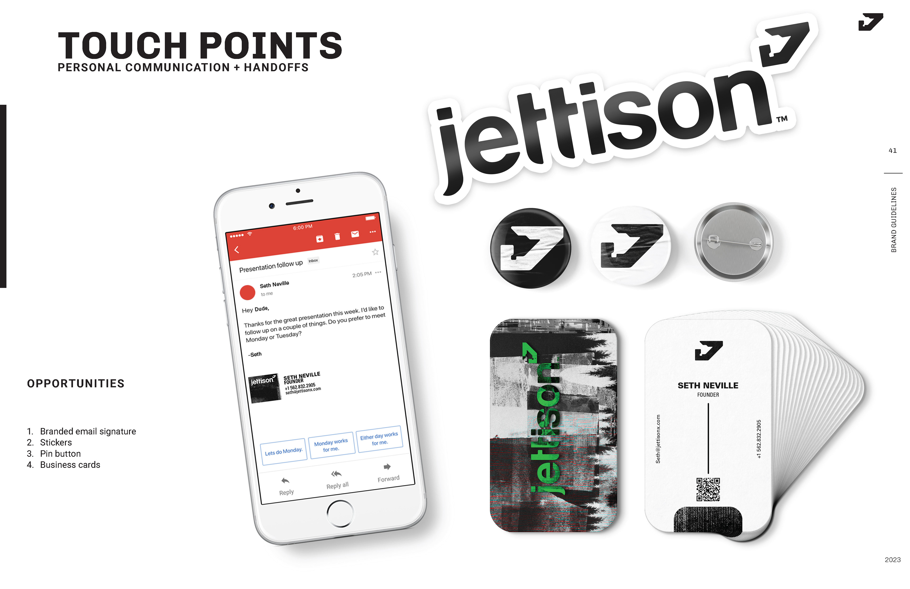 Examples of leave behind items with varied logo usage, page from the Brand Guide book