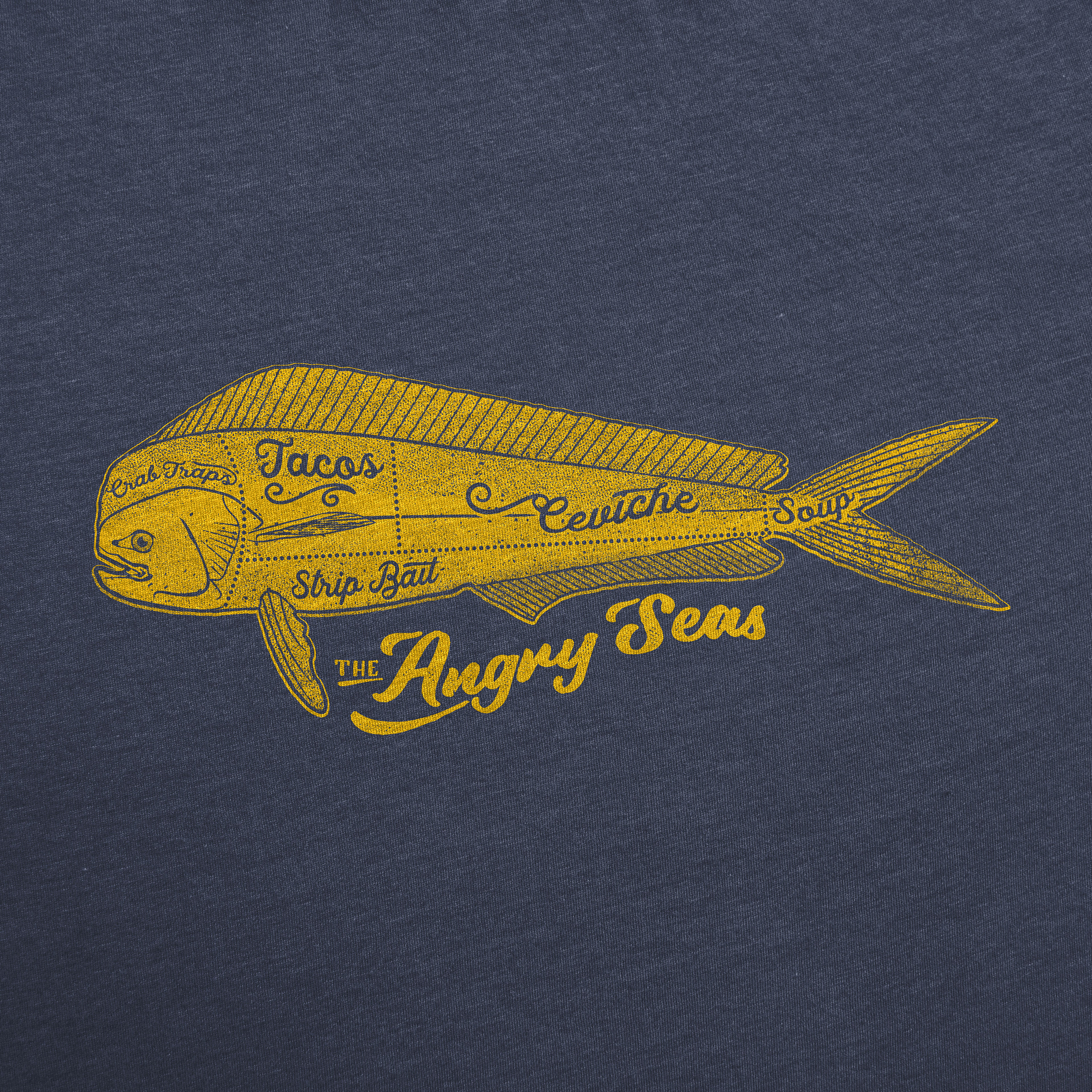 Custom mahi-mahi illustration and typography for fishing t-shirt graphic